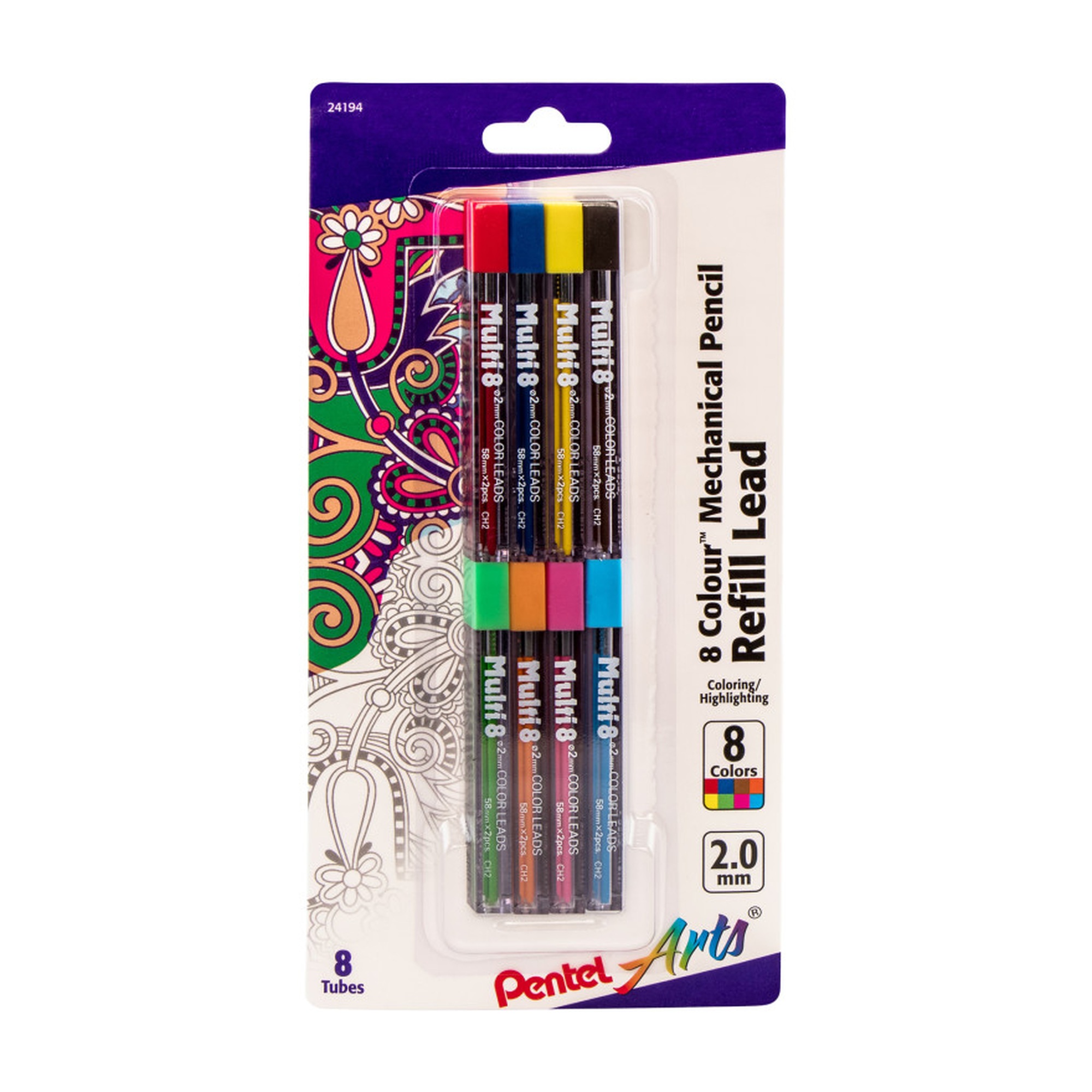 Assorted 2.0mm Color Pencil Lead Refills, 8-Pack