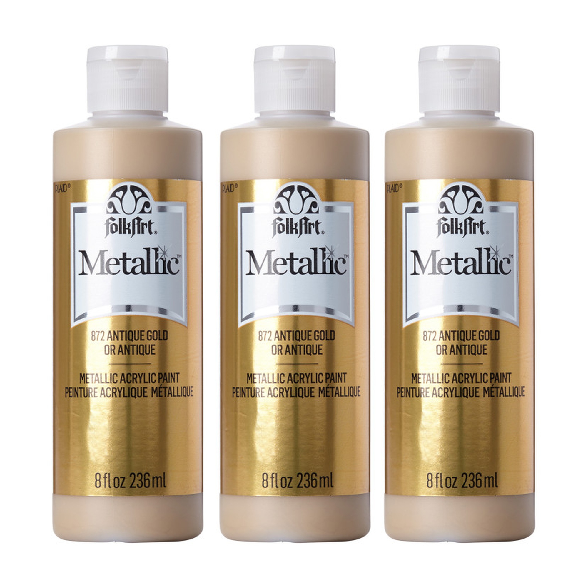 Metallic Acrylic Paint, Antique Gold, 8 oz. Bottles, Pack of 3