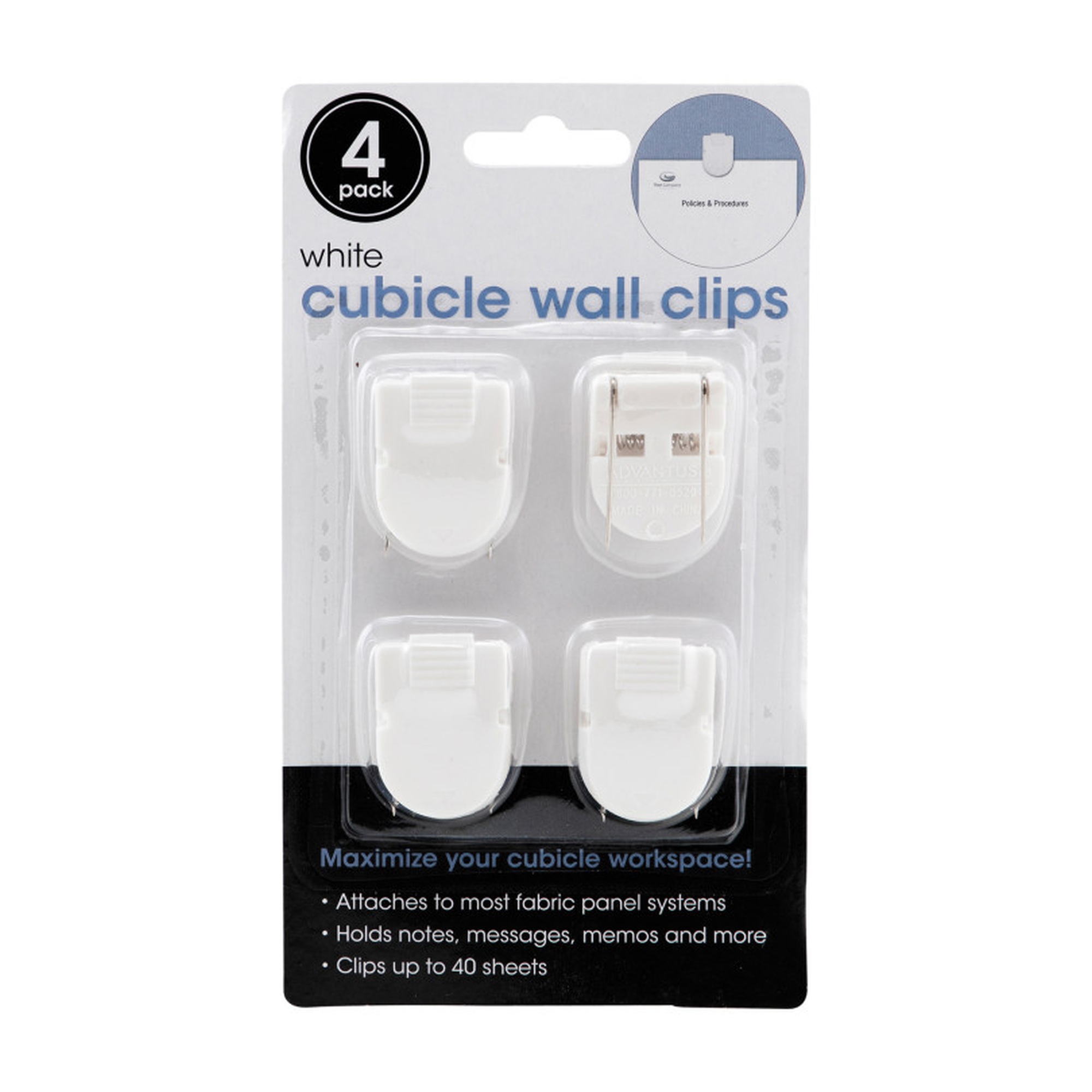 White Fabric Panel Wall Clips, 40-Sheet Capacity, 4-Pack