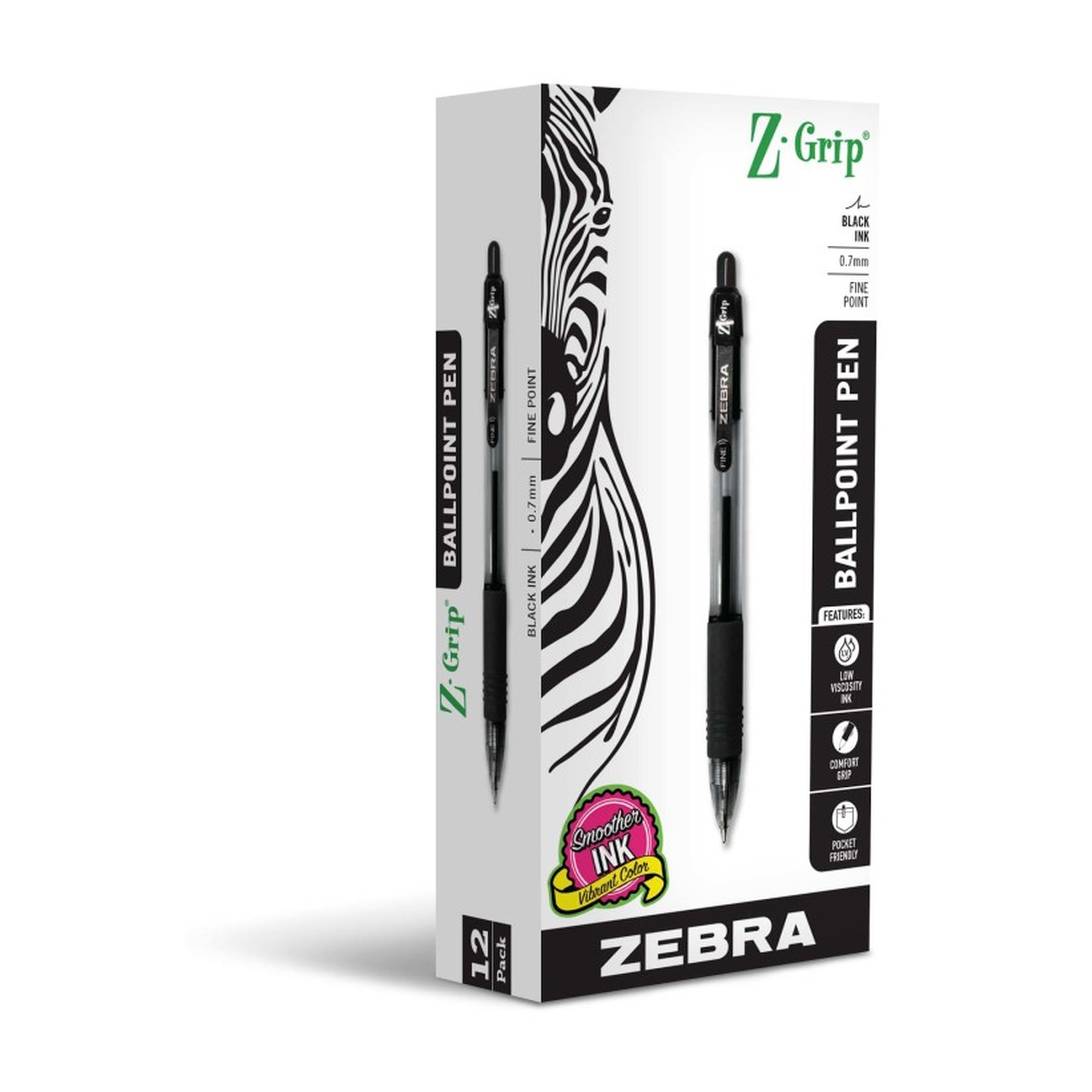 Z-Grip Flight Retractable Ballpoint Pens, 0.7 mm, Black, Pack of 12