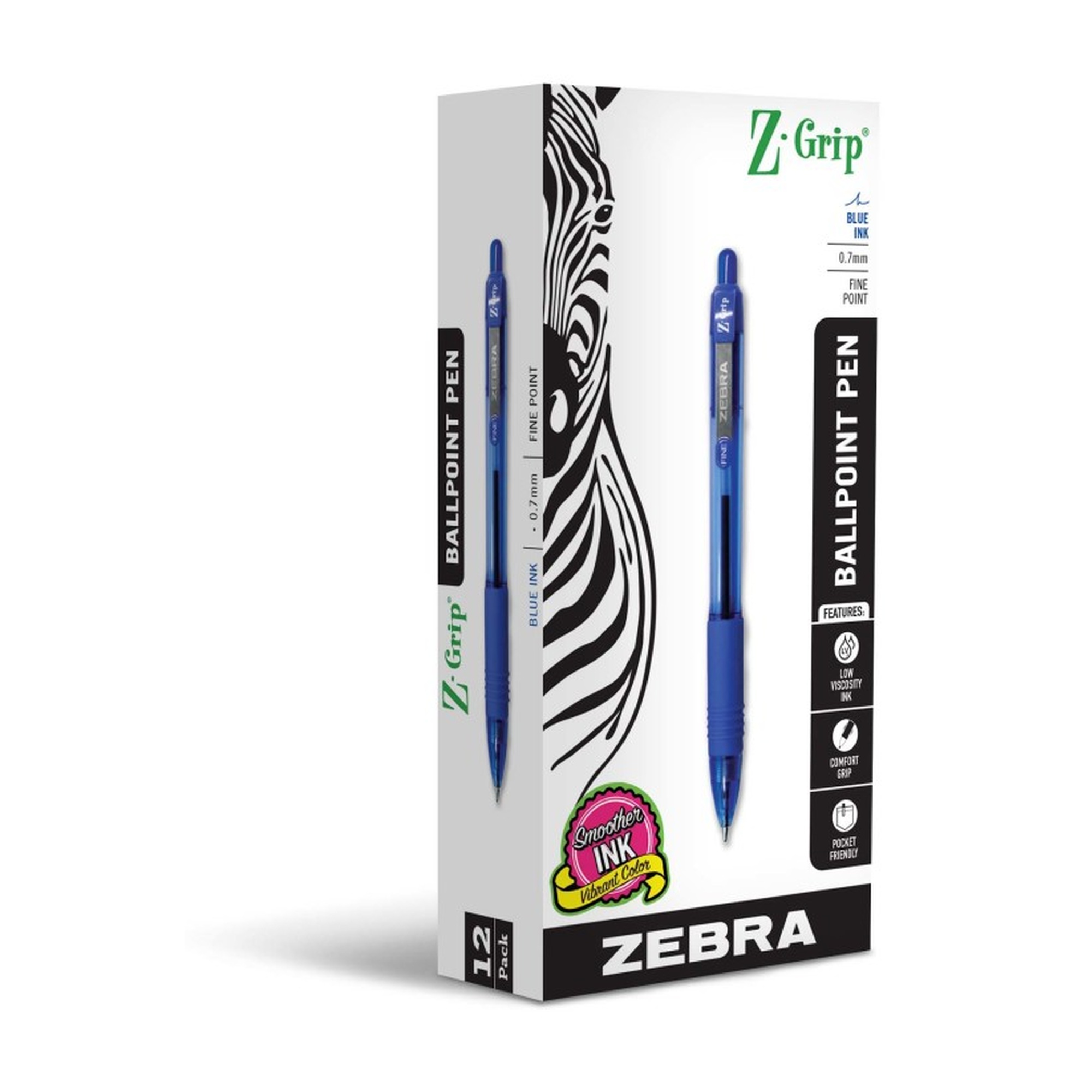 Retractable Blue Ballpoint Pens, 0.7 mm, Pack of 12