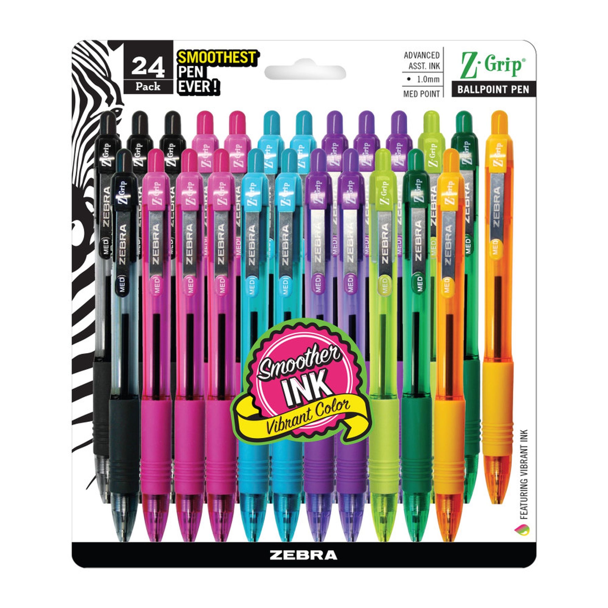 Retractable Ballpoint Pens, 1.0 mm, Assorted Colors, 24-Pack