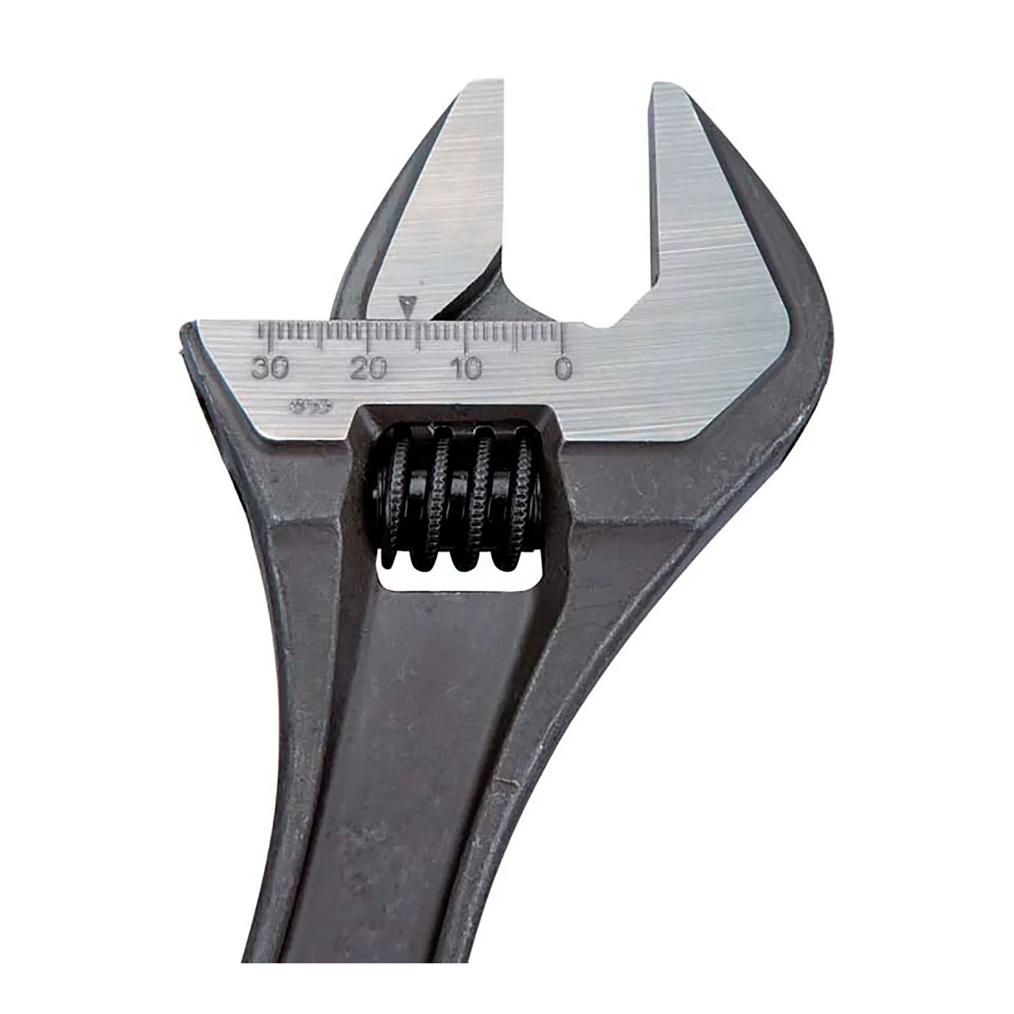 Black 10-inch adjustable wrench with slim tapered jaws and a measurement scale on the head