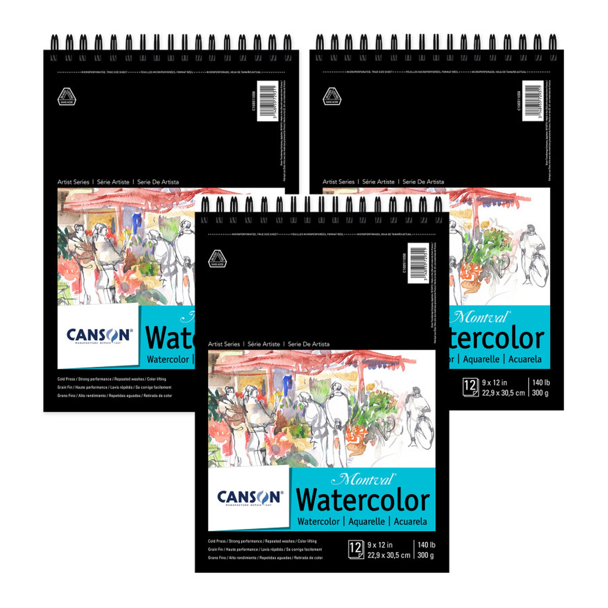 Artist Series Watercolor Pad, Top Wire Bound, 9 x 12 in., 12 Sheets, Pack of 3