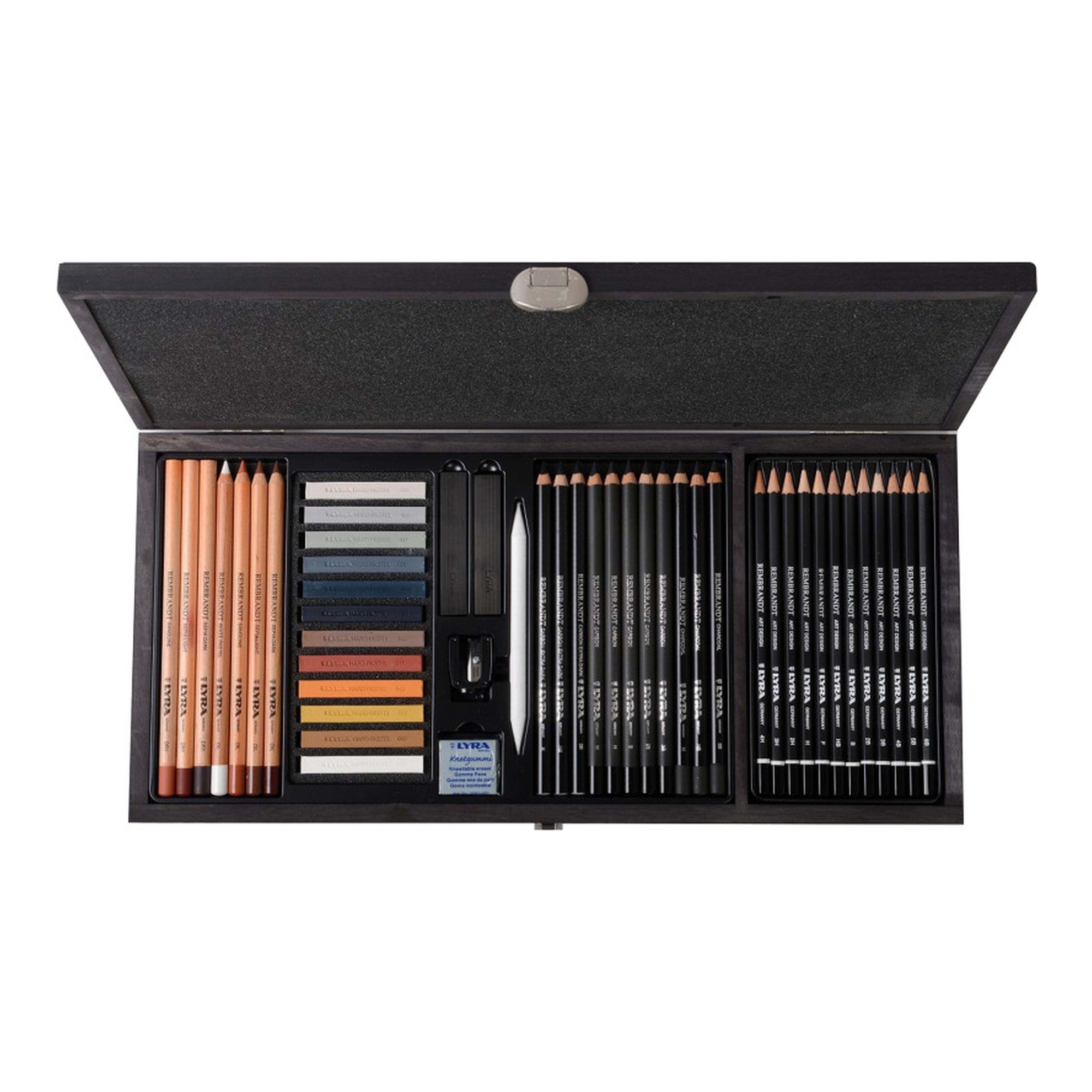Monochrome Drawing Set with Wooden Case, 47 Pieces