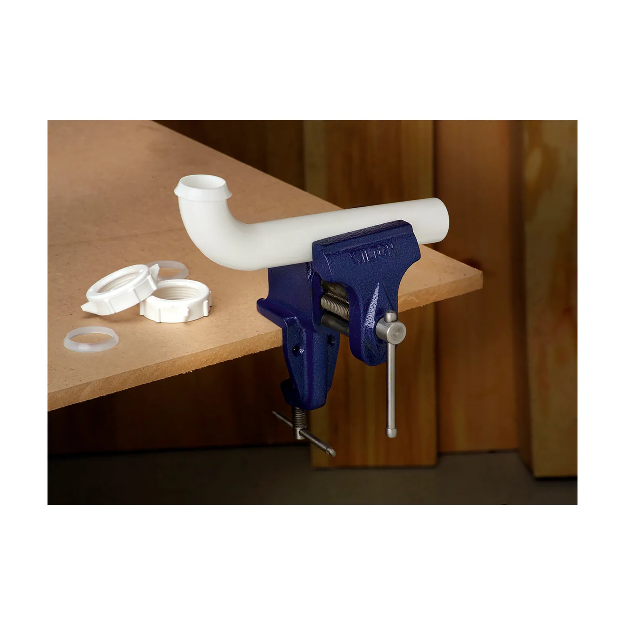 Blue clamp-on vise with stationary base and 3 inch jaws