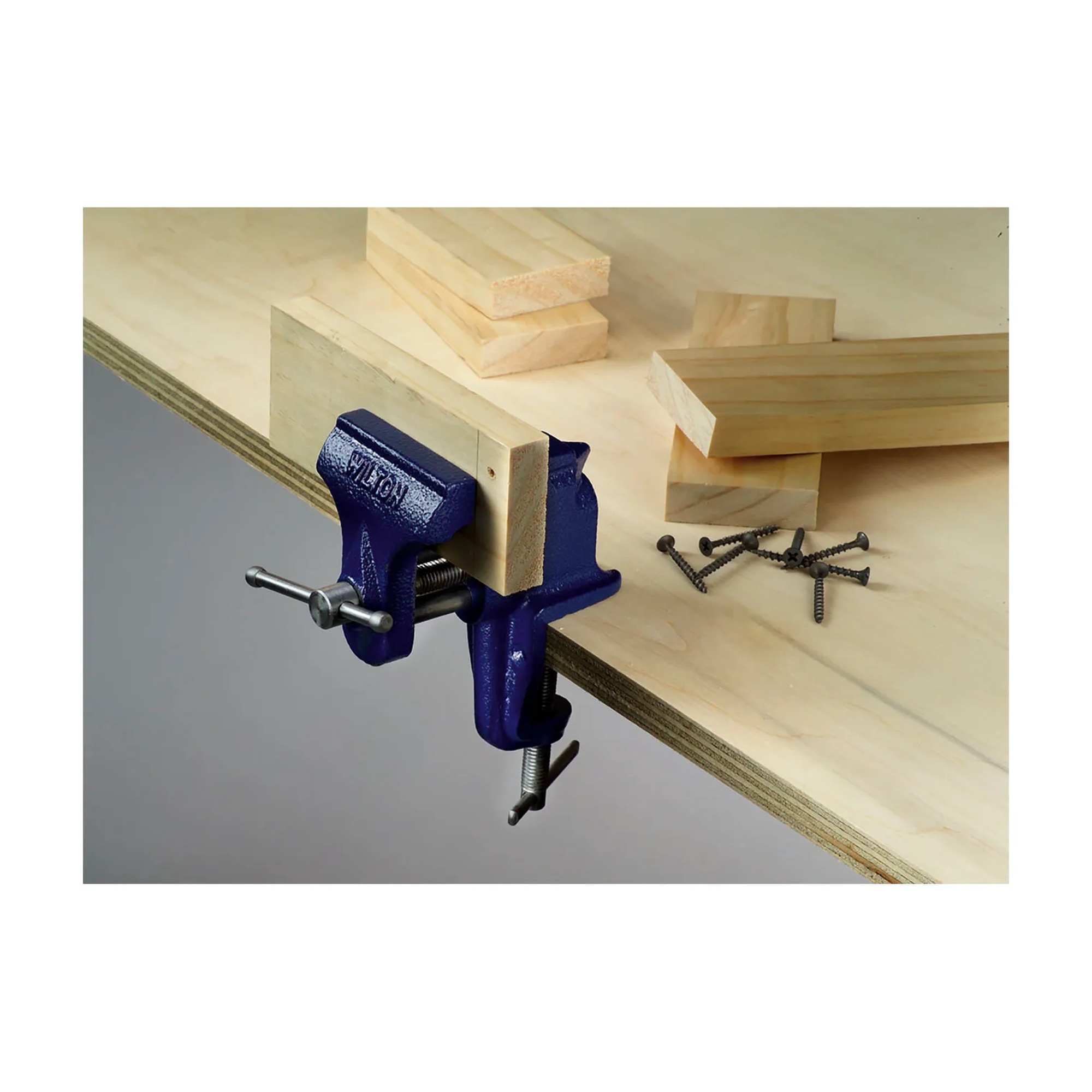 Blue clamp-on vise with stationary base and 3 inch jaws