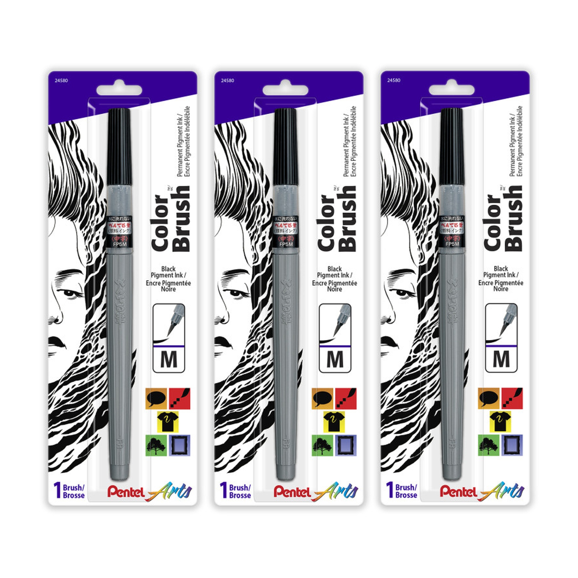 Medium-Tip Black Pigment Ink Color Brush, 3-Pack