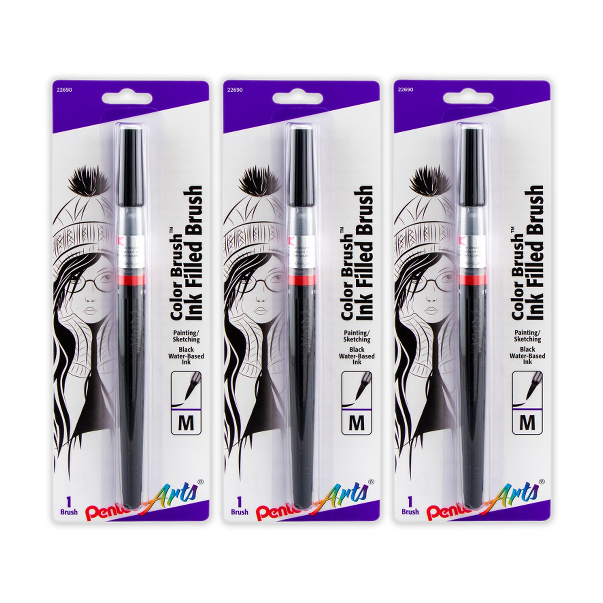 Black Water-Based Ink Color Brush, Medium Tip, Pack of 3