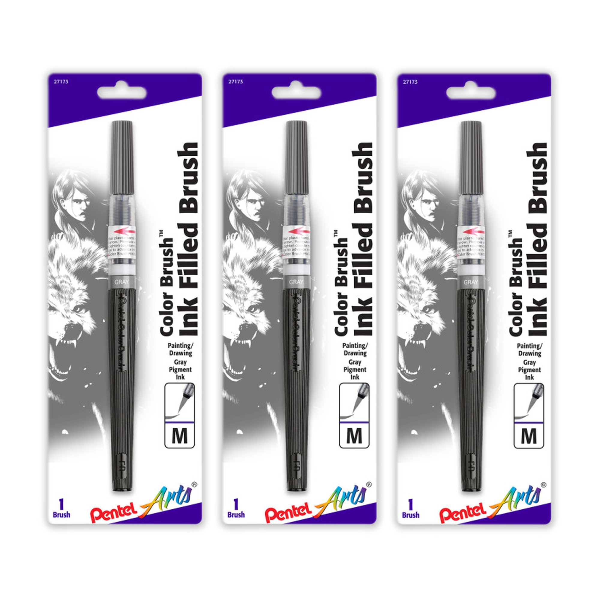 Gray Water-Based Ink Color Brush, Medium Tip, Pack of 3