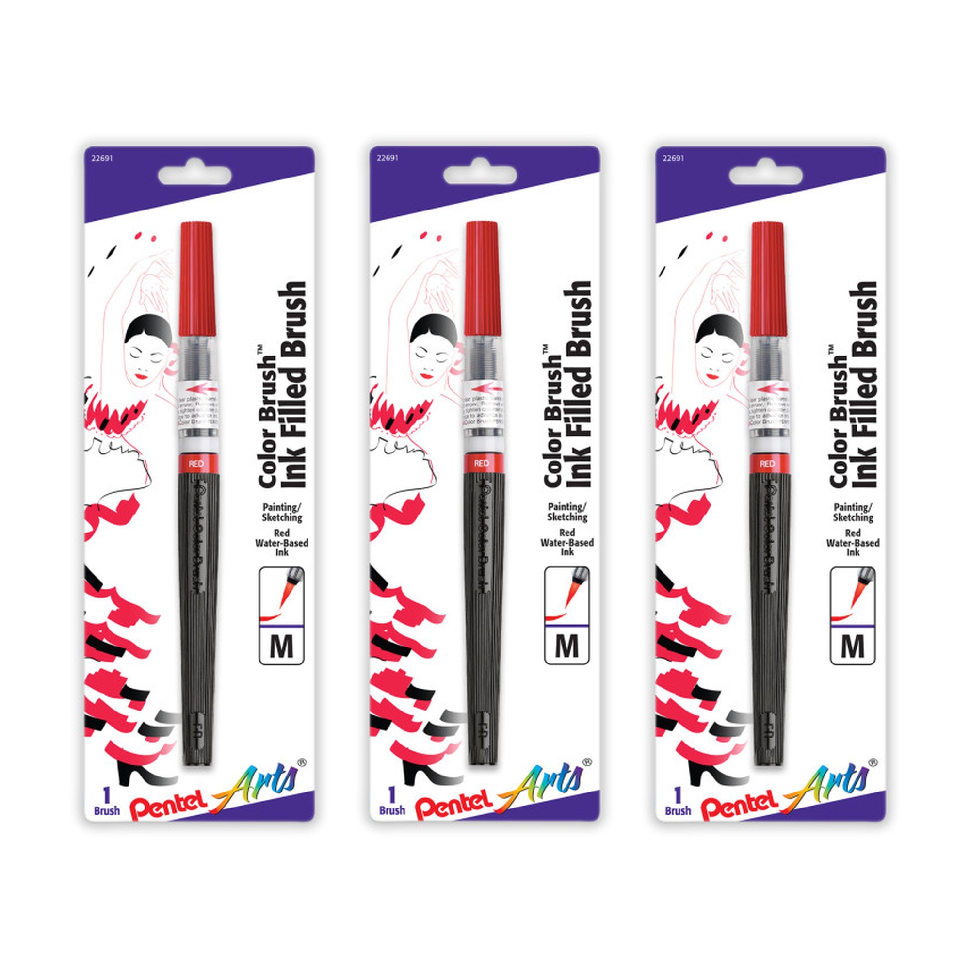 Red Water-Based Ink Color Brush, Medium Tip, 3-Pack