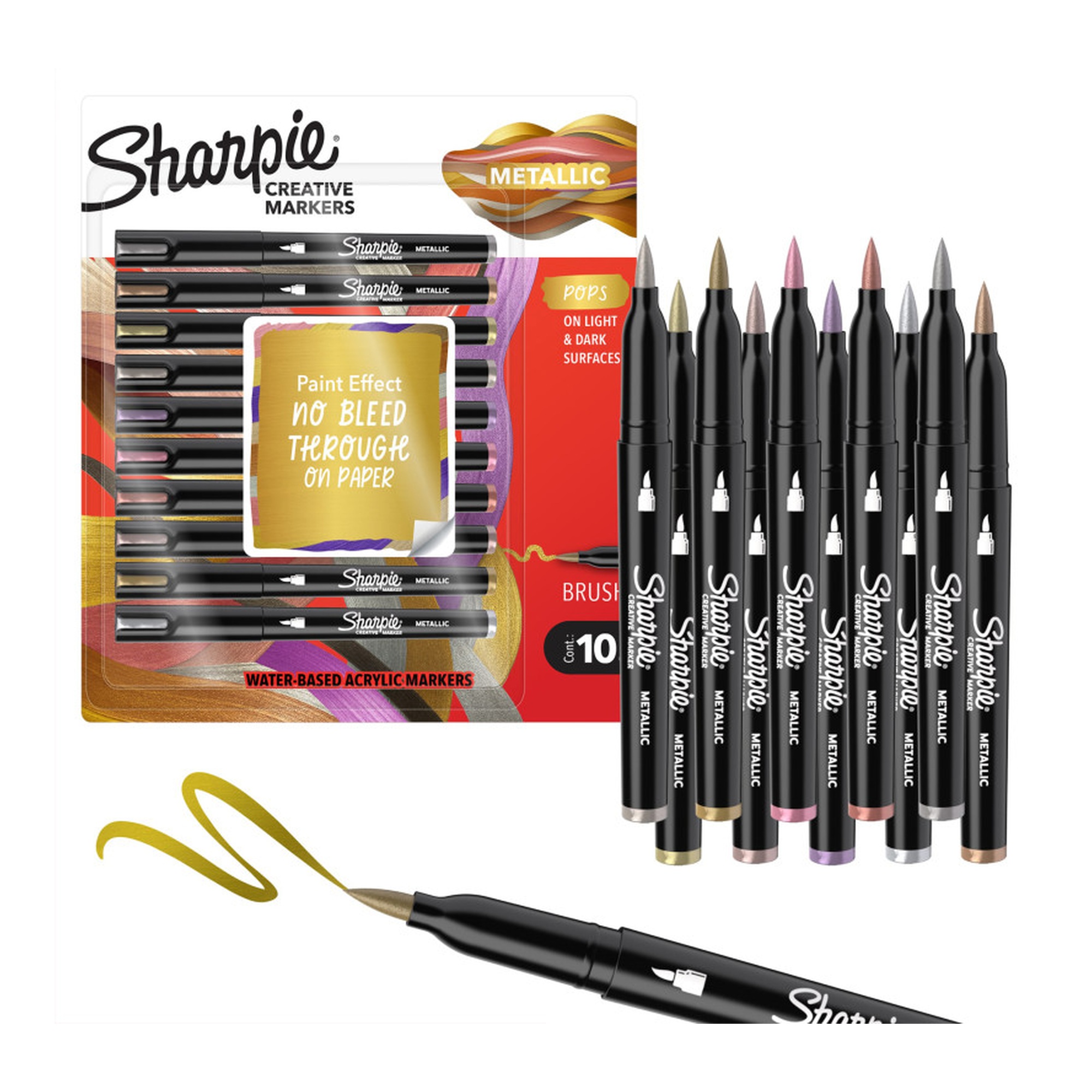 Creative Acrylic Brush Tip Markers, Metallic Assorted Colors, 10 Count