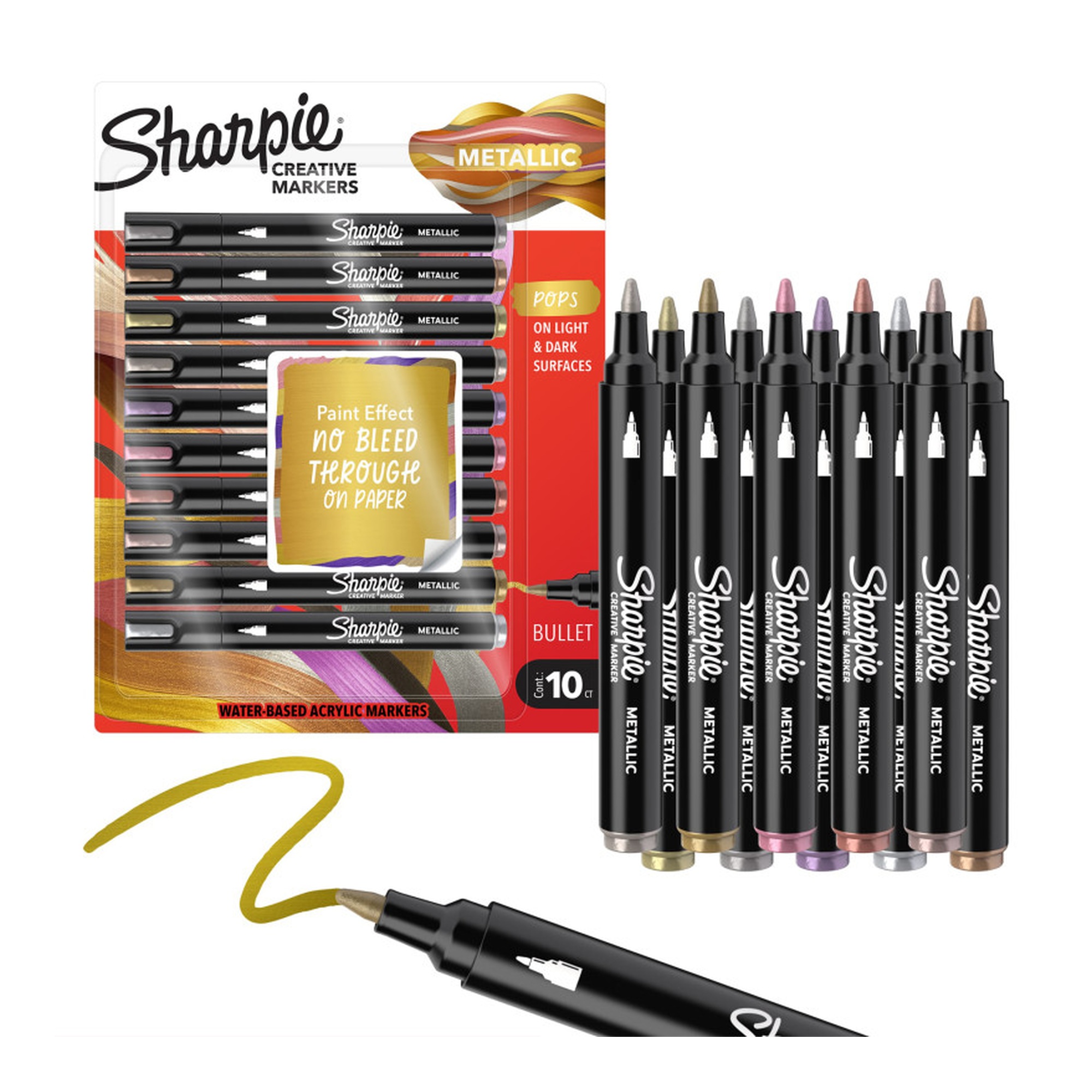 Metallic Acrylic Bullet Tip Markers, Assorted Colors, 10 Pack