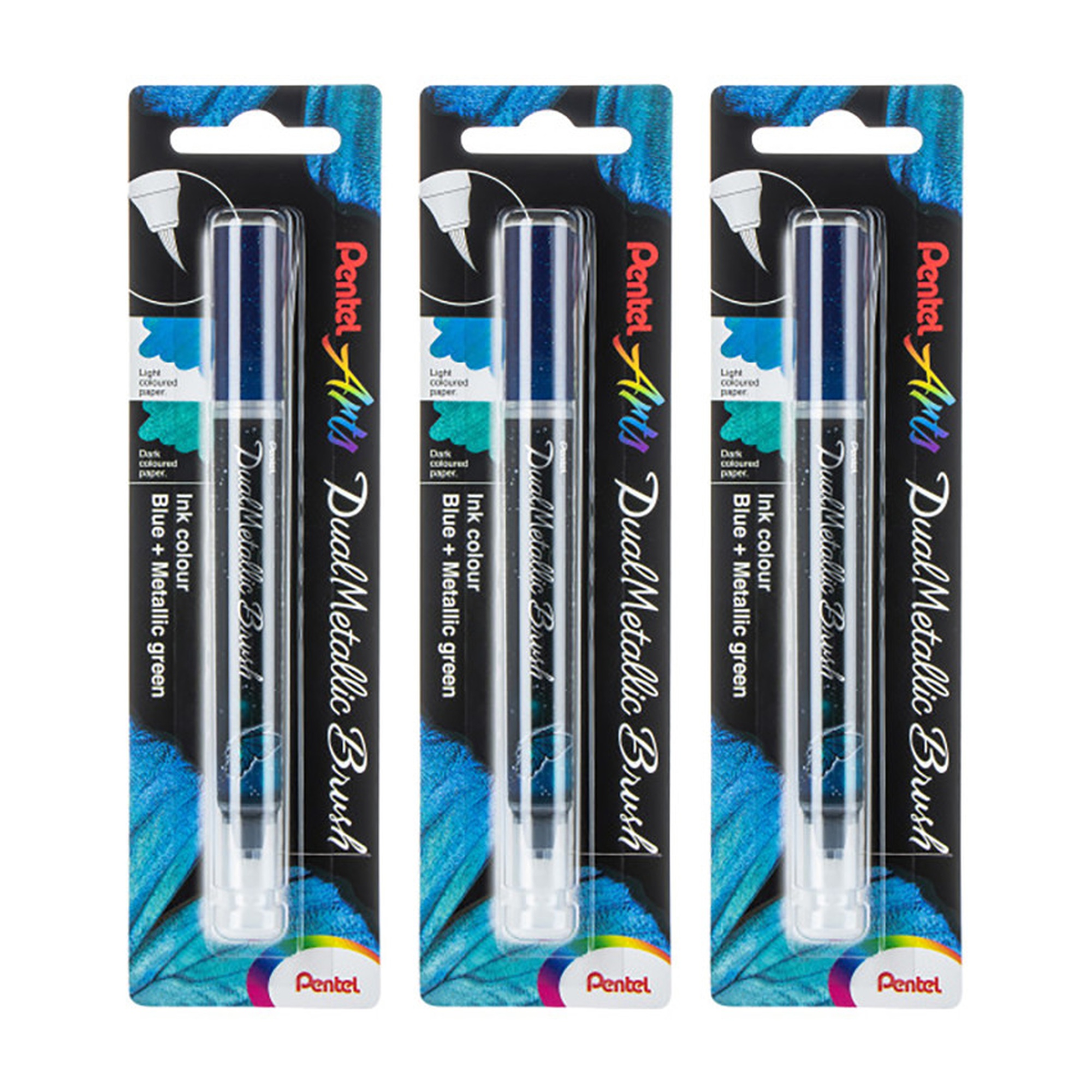 Dual Metallic Brush Pens, Blue/Metallic Green Ink, Pack of 3