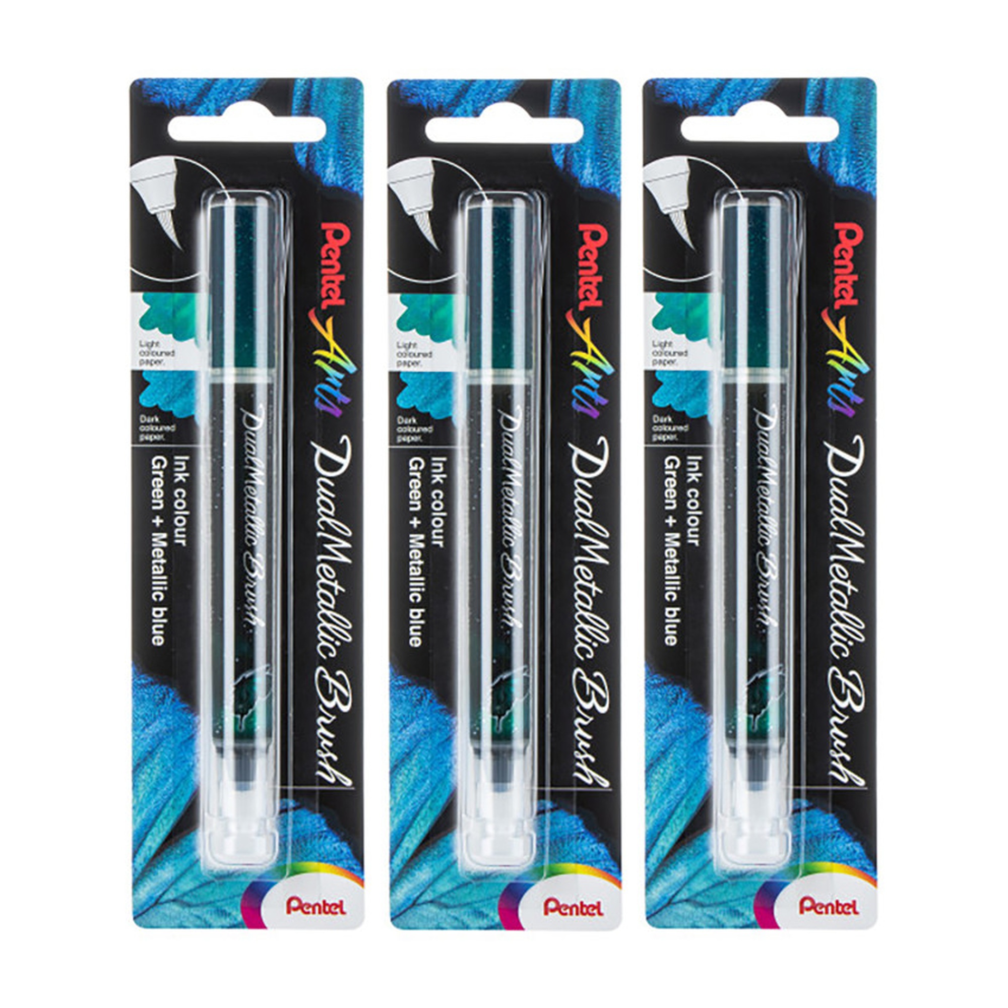 Dual-Metallic Brush Pens, Green/Metallic Blue, Pack of 3