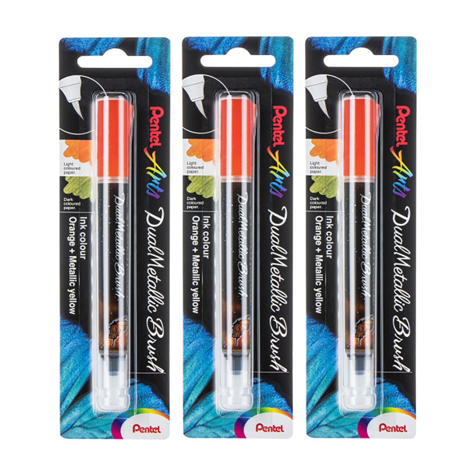 Dual Metallic Brush Pens, Orange and Metallic Yellow, Pack of 3