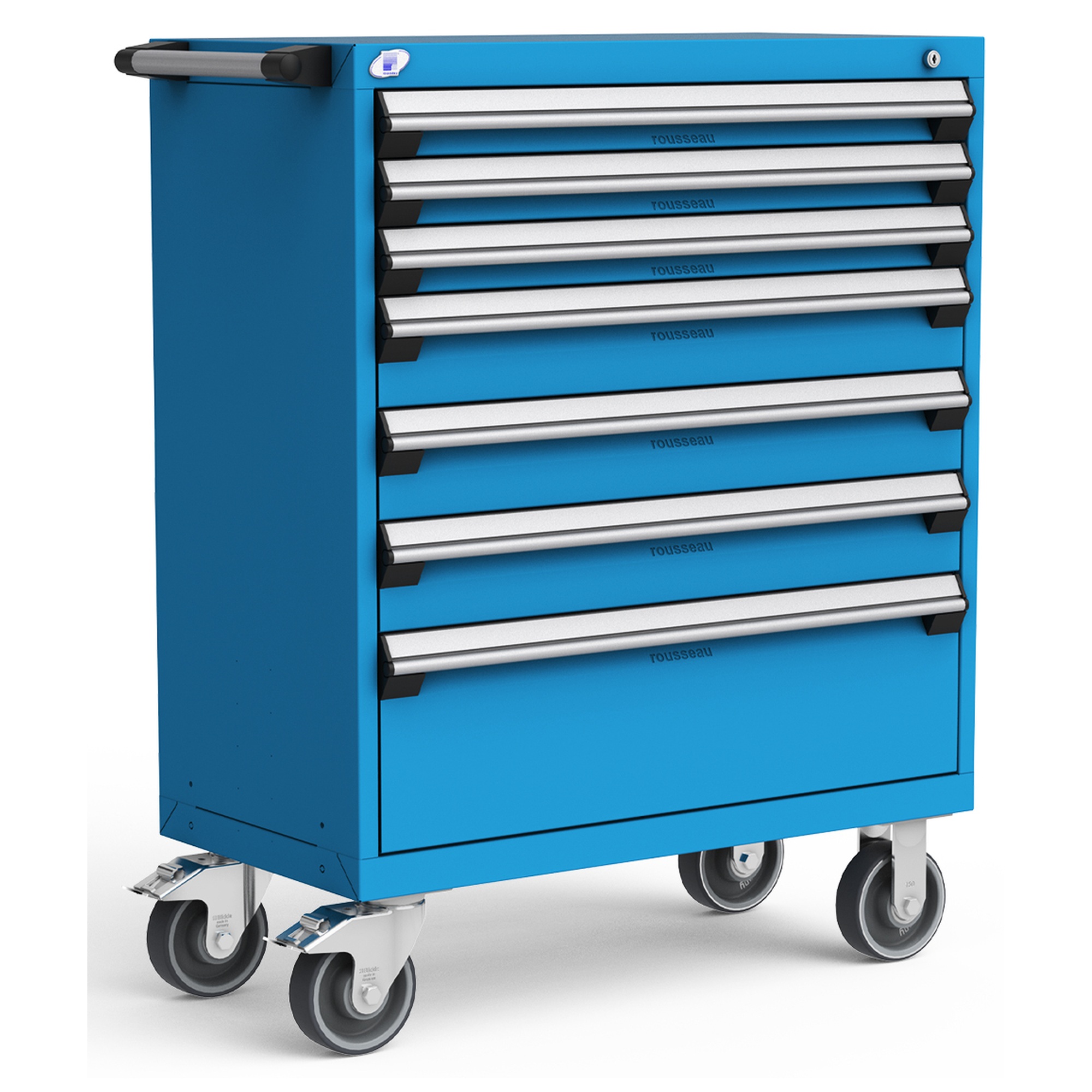 7-Drawer Heavy-Duty Mobile Cabinet, 36"W x 18"D x 45.5"H - With Dividers - Drawer heights: 3 3"H, 3 5"H, 1 10"H - Classic Blue