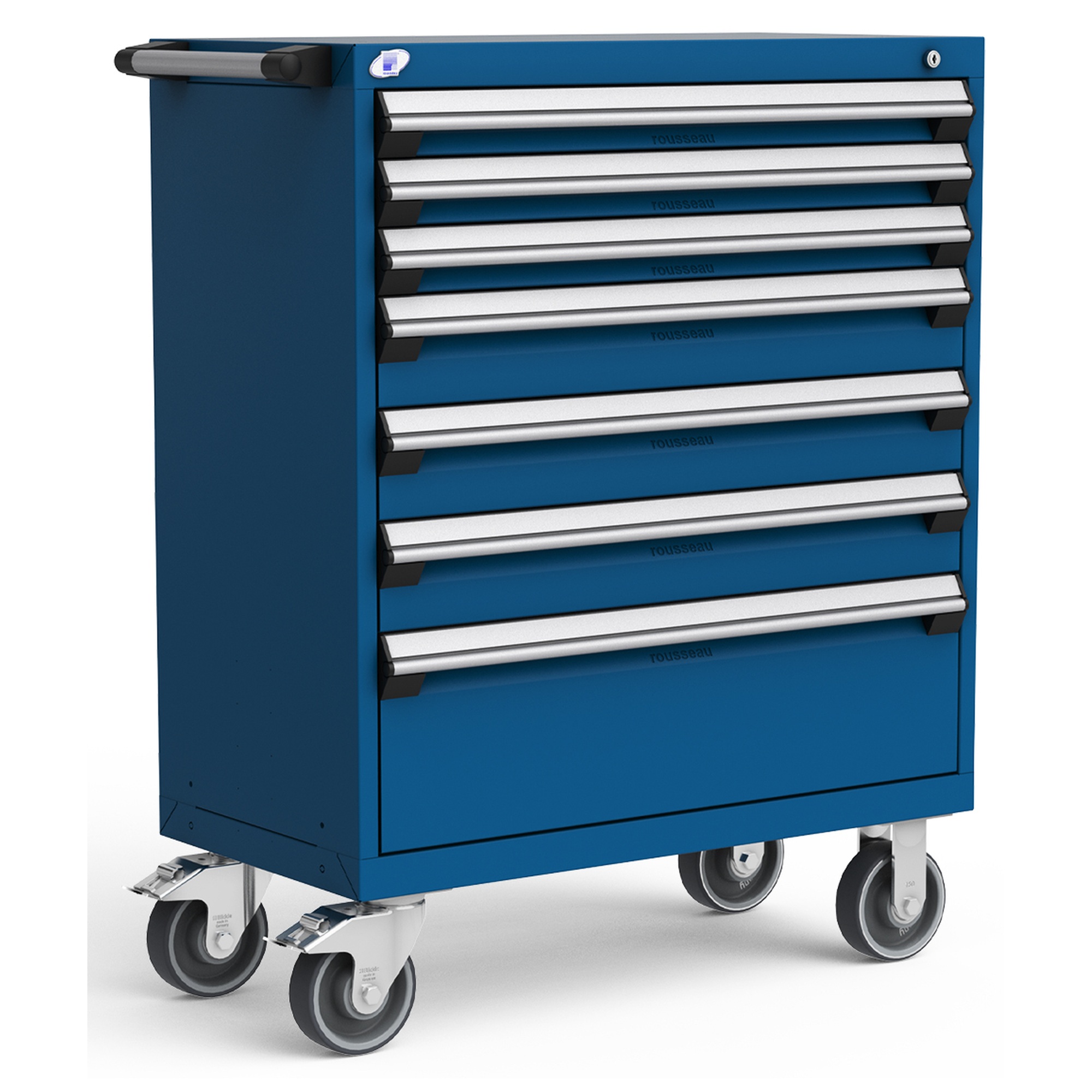 7-Drawer Heavy-Duty Mobile Cabinet, 36"W x 18"D x 45.5"H - With Dividers - Drawer heights: 3 3"H, 3 5"H, 1 10"H - Avalanche Blue