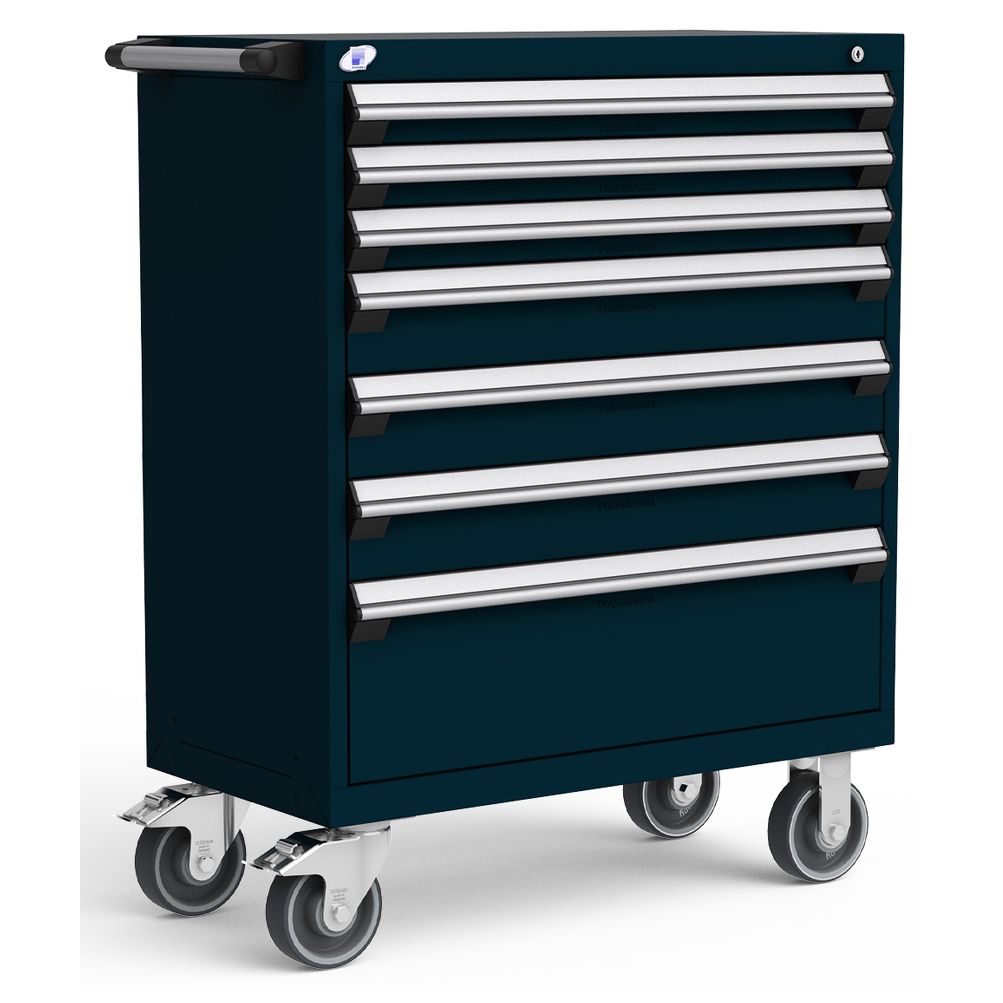 7-Drawer Heavy-Duty Mobile Cabinet, 36"W x 18"D x 45.5"H - With Dividers - Drawer heights: 3 3"H, 3 5"H, 1 10"H - Midnight Blue
