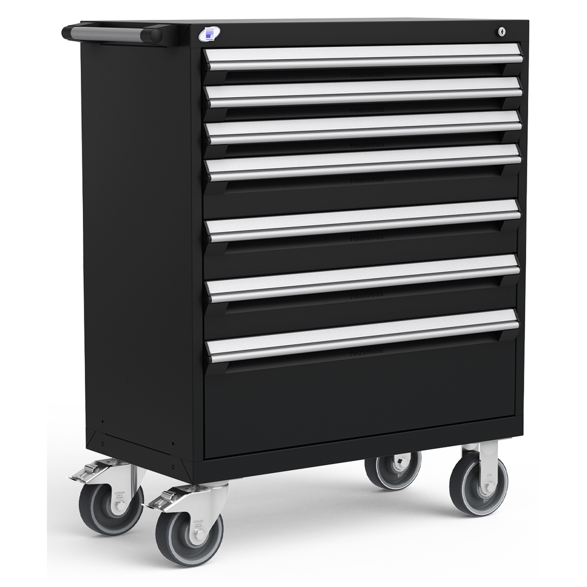 7-Drawer Heavy-Duty Mobile Cabinet, 36"W x 18"D x 45.5"H - With Dividers - Drawer heights: 3 3"H, 3 5"H, 1 10"H - Glossy Carbon Black