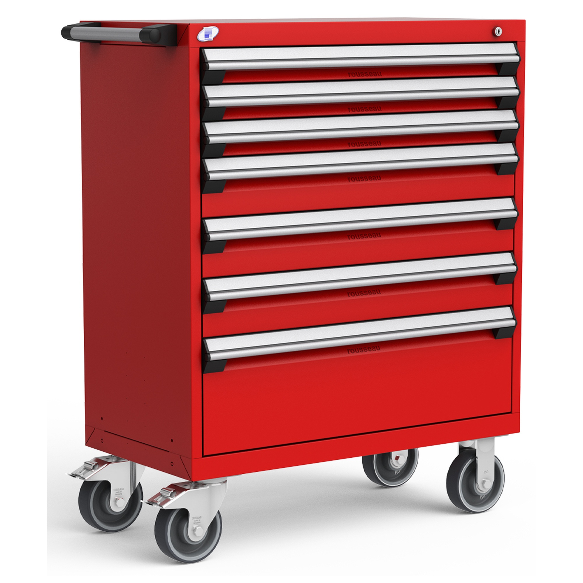 7-Drawer Heavy-Duty Mobile Cabinet, 36"W x 18"D x 45.5"H - With Dividers - Drawer heights: 3 3"H, 3 5"H, 1 10"H - Glossy Carmine Red