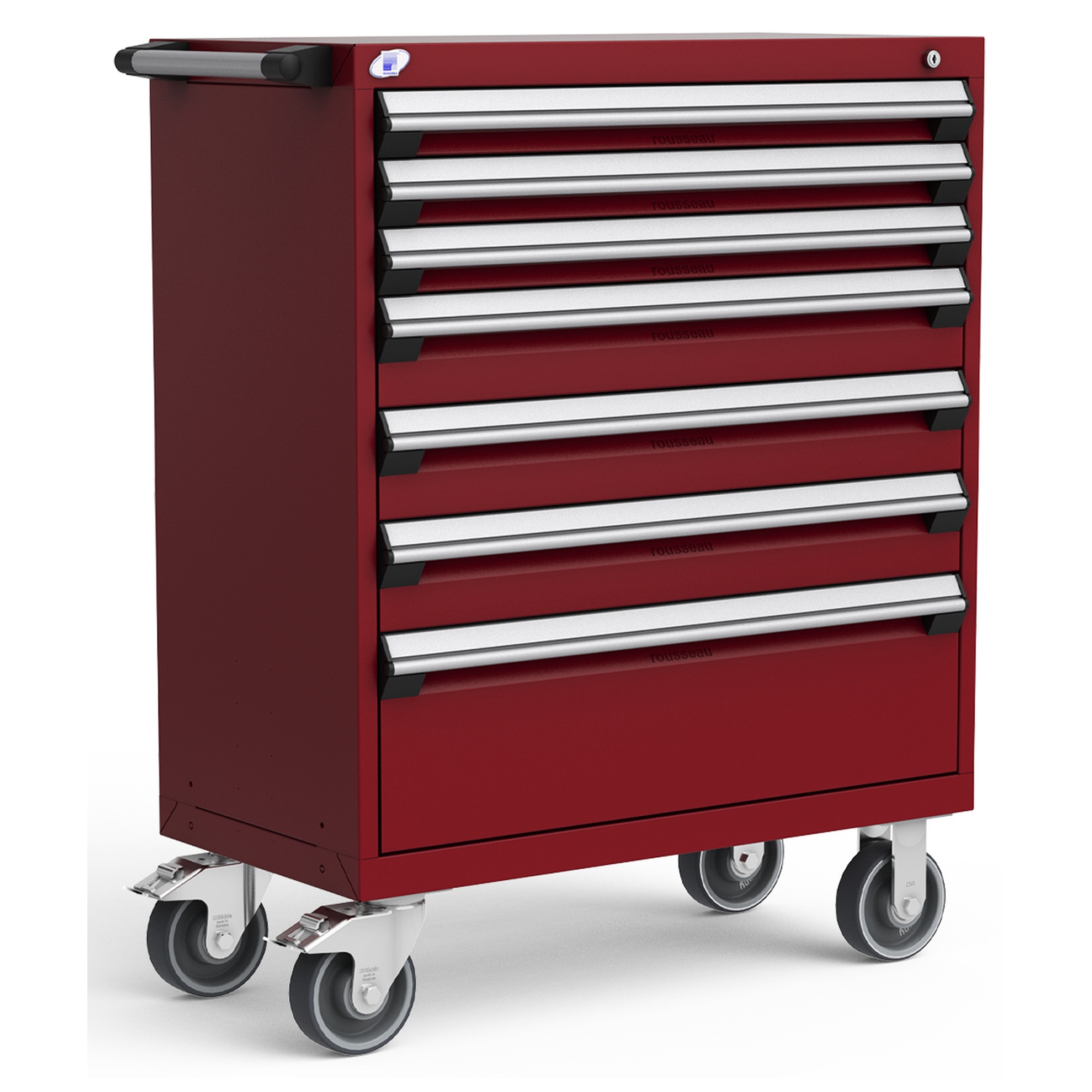 7-Drawer Heavy-Duty Mobile Cabinet, 36"W x 18"D x 45.5"H - With Dividers - Drawer heights: 3 3"H, 3 5"H, 1 10"H - Glossy Cranberry Red