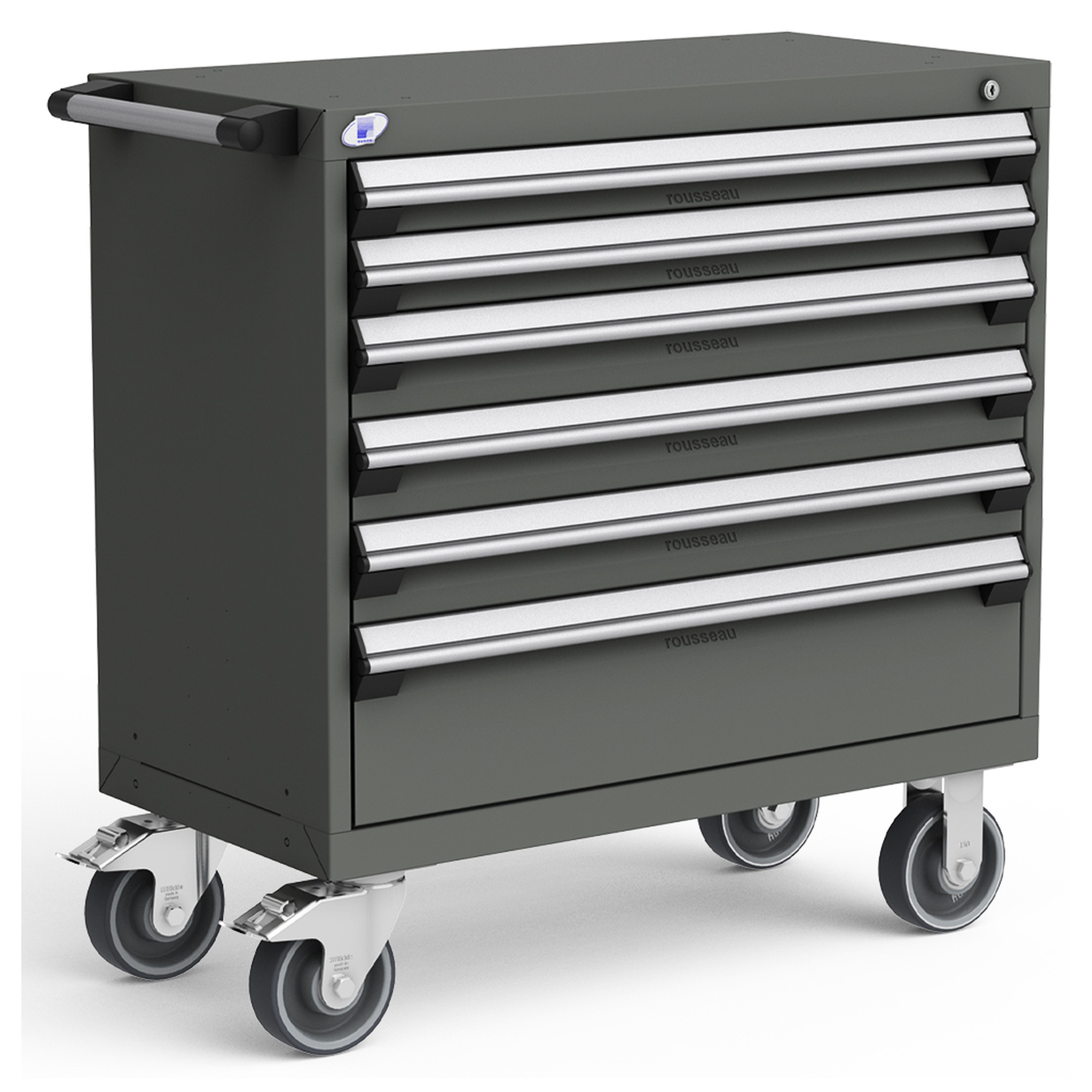 6-Drawer Heavy-Duty Mobile Cabinet, 36"W x 18"D x 37.5"H - With Dividers - Drawer heights: 2 3"H, 3 4"H, 1 8"H - Charcoal Gray