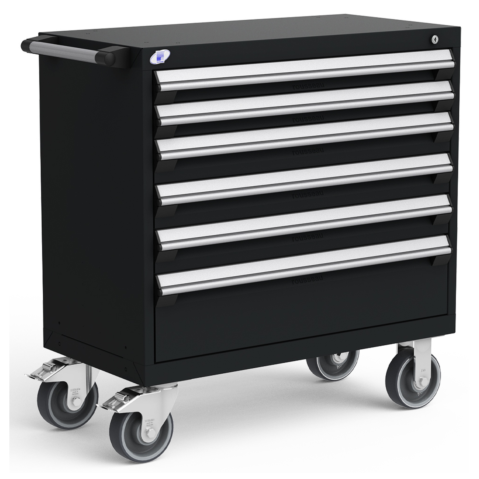 6-Drawer Heavy-Duty Mobile Cabinet, 36"W x 18"D x 37.5"H - With Dividers - Drawer heights: 2 3"H, 3 4"H, 1 8"H - Glossy Carbon Black