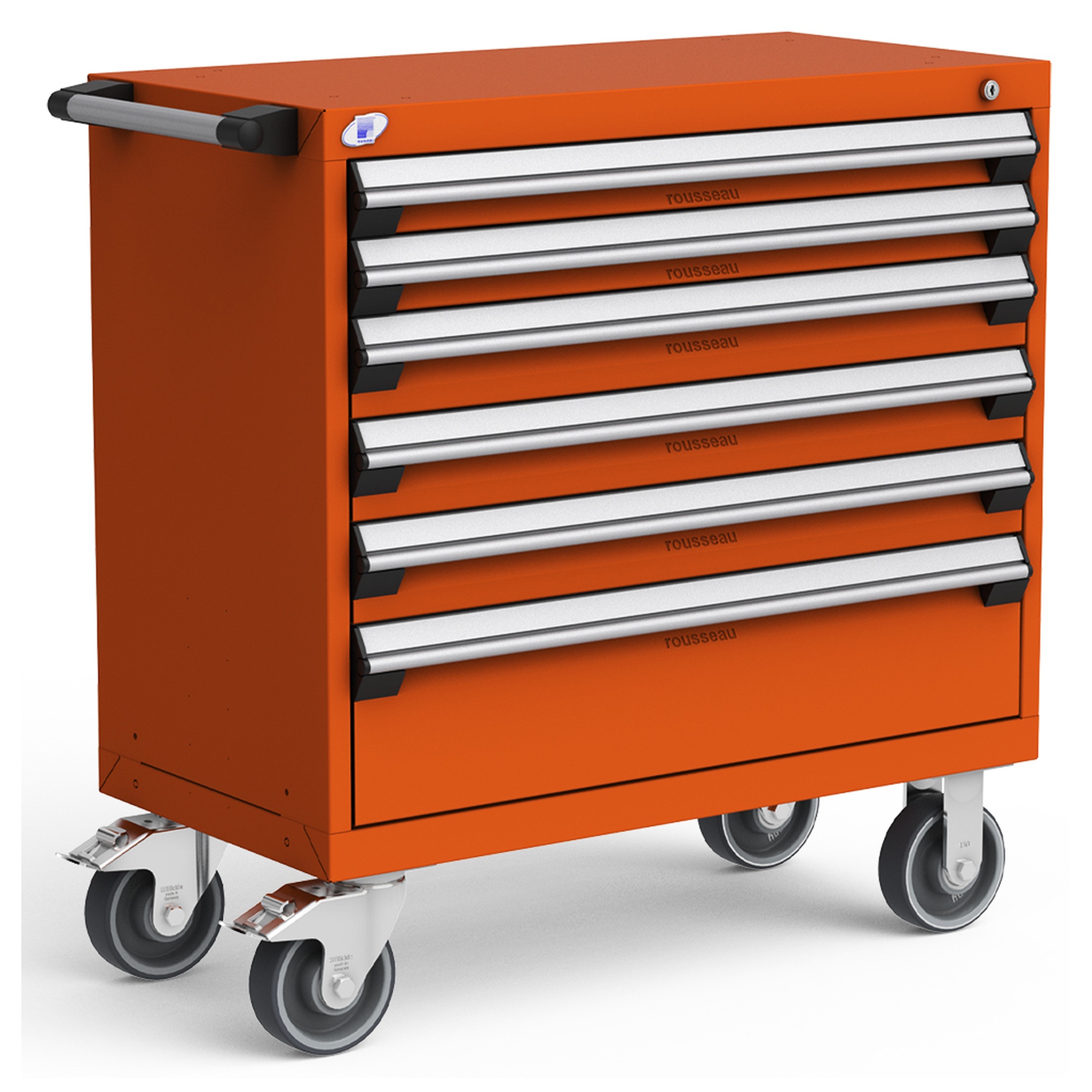 6-Drawer Heavy-Duty Mobile Cabinet, 36"W x 18"D x 37.5"H - With Dividers - Drawer heights: 2 3"H, 3 4"H, 1 8"H - Sienna Orange