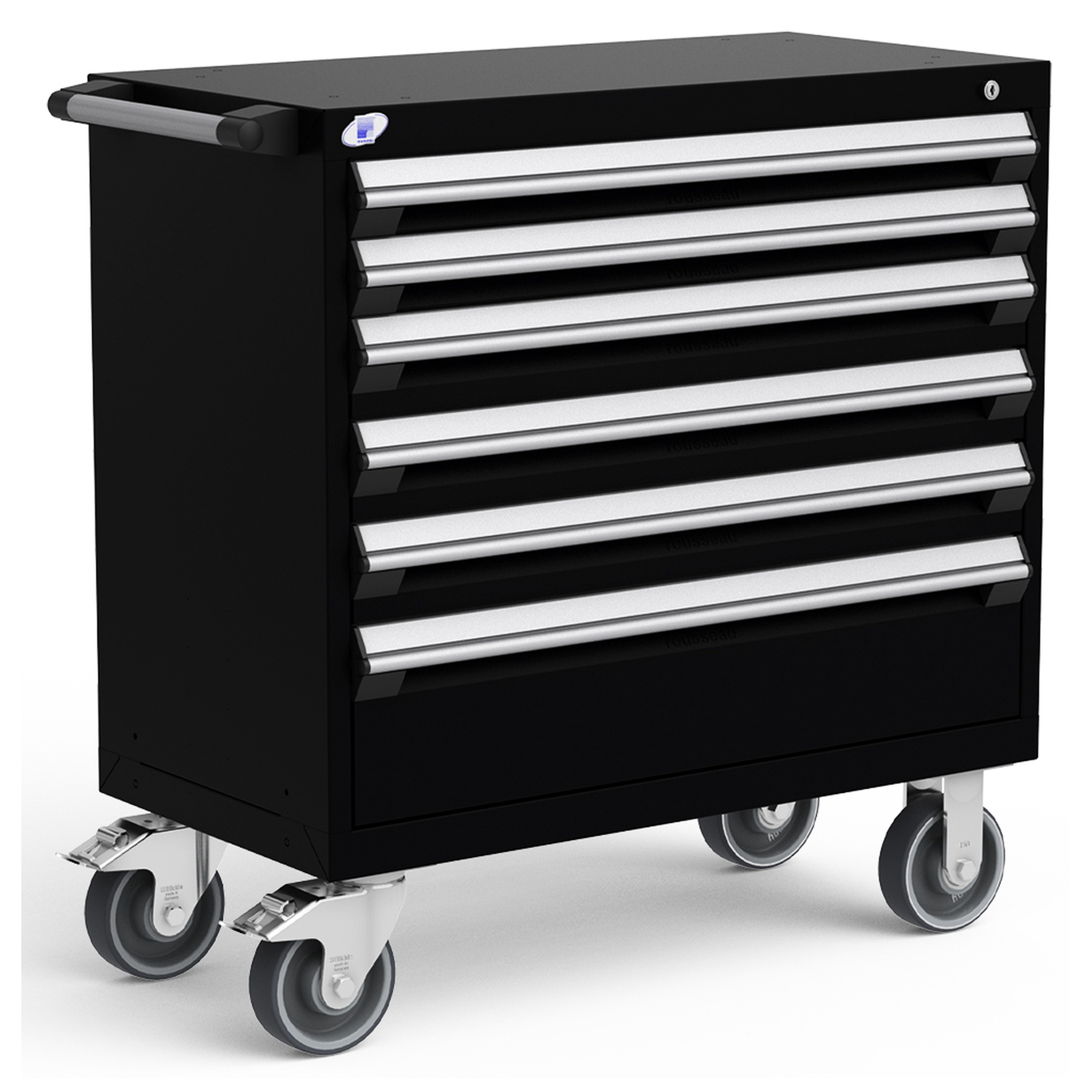 6-Drawer Heavy-Duty Mobile Cabinet, 36"W x 18"D x 37.5"H - With Dividers - Drawer heights: 2 3"H, 3 4"H, 1 8"H - Black
