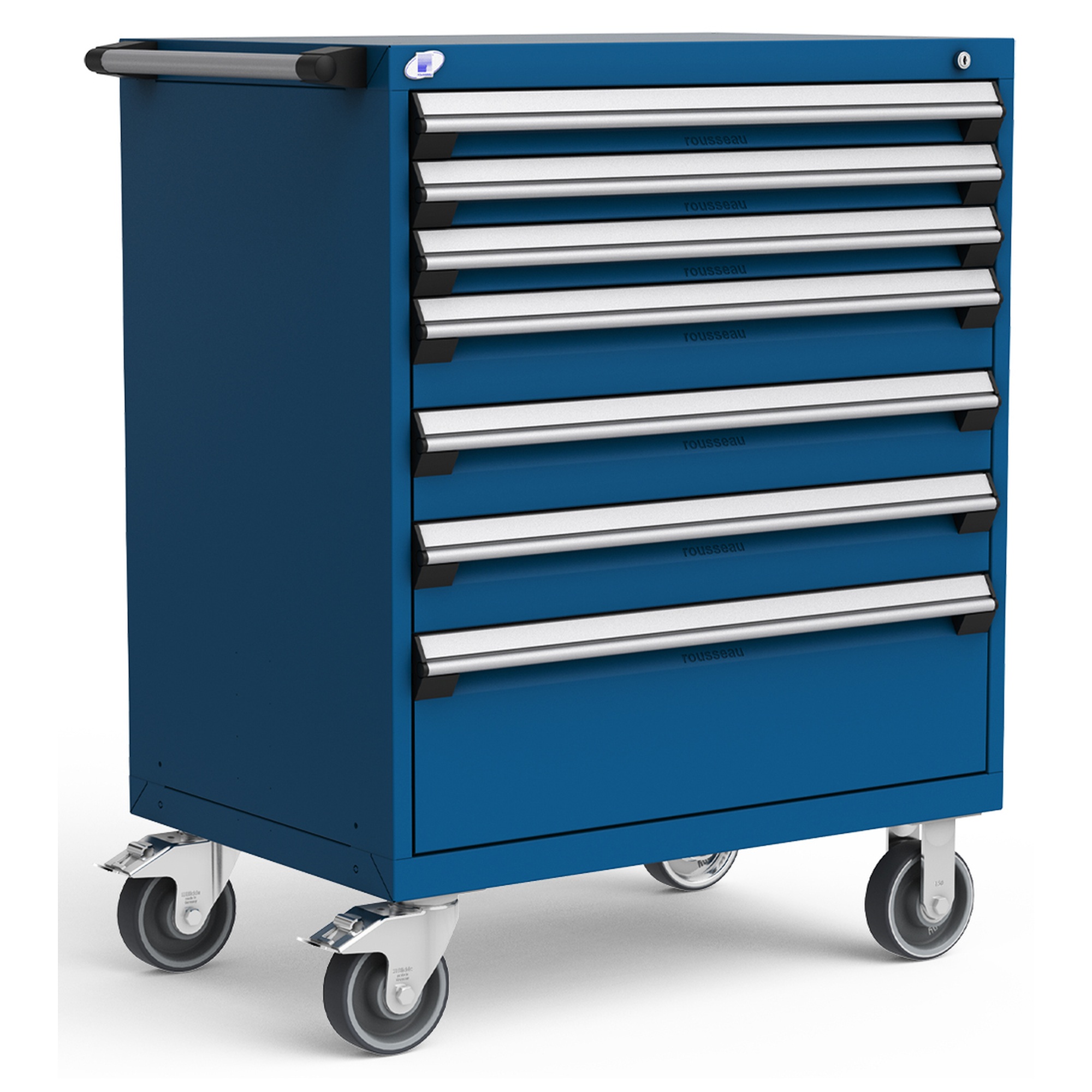 7-Drawer Heavy-Duty Mobile Cabinet, 36"W x 24"D x 45.5"H - With Dividers - Drawer heights: 3 3"H, 3 5"H, 1 10"H - Avalanche Blue