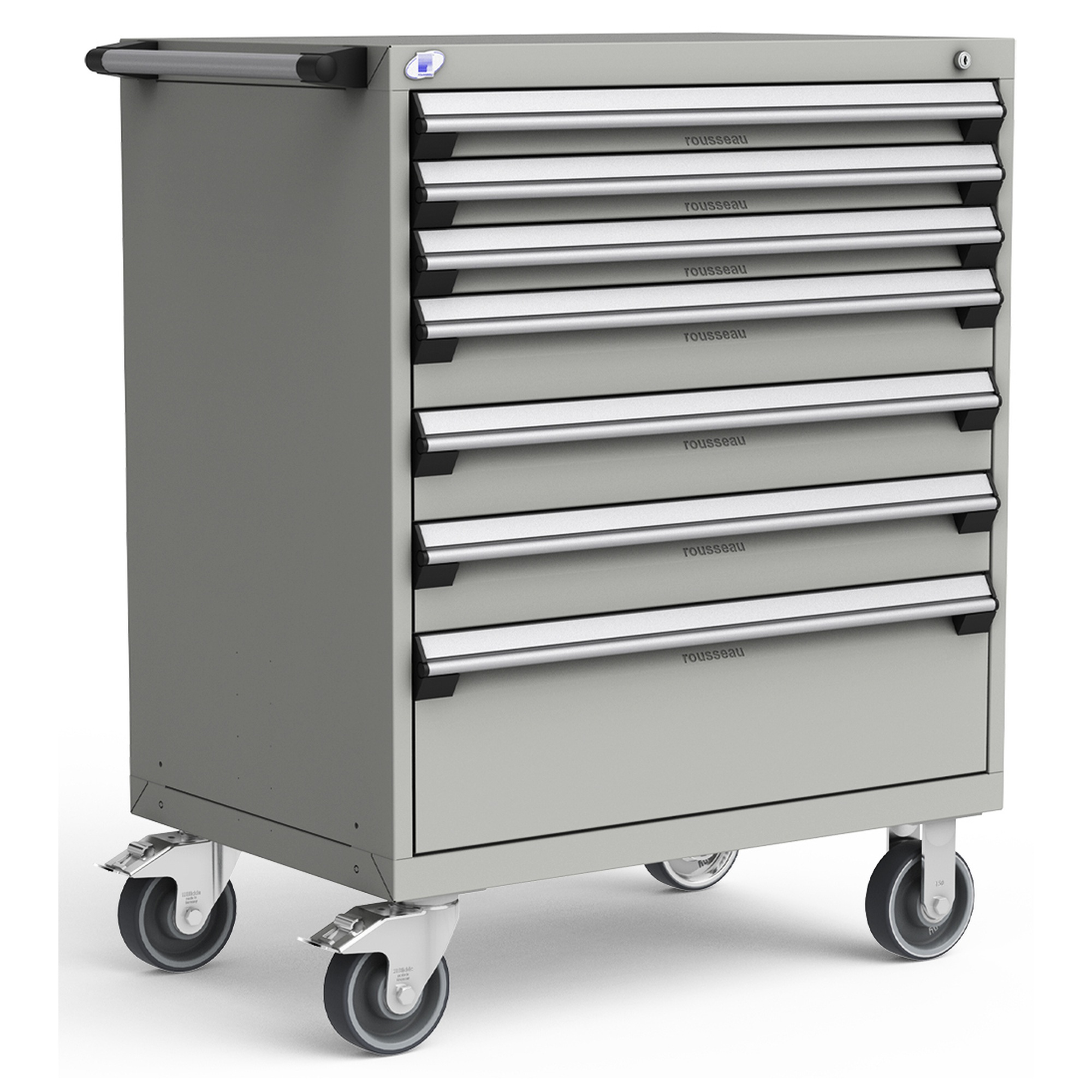 7-Drawer Heavy-Duty Mobile Cabinet, 36"W x 24"D x 45.5"H - With Dividers - Drawer heights: 3 3"H, 3 5"H, 1 10"H - Modern Gray