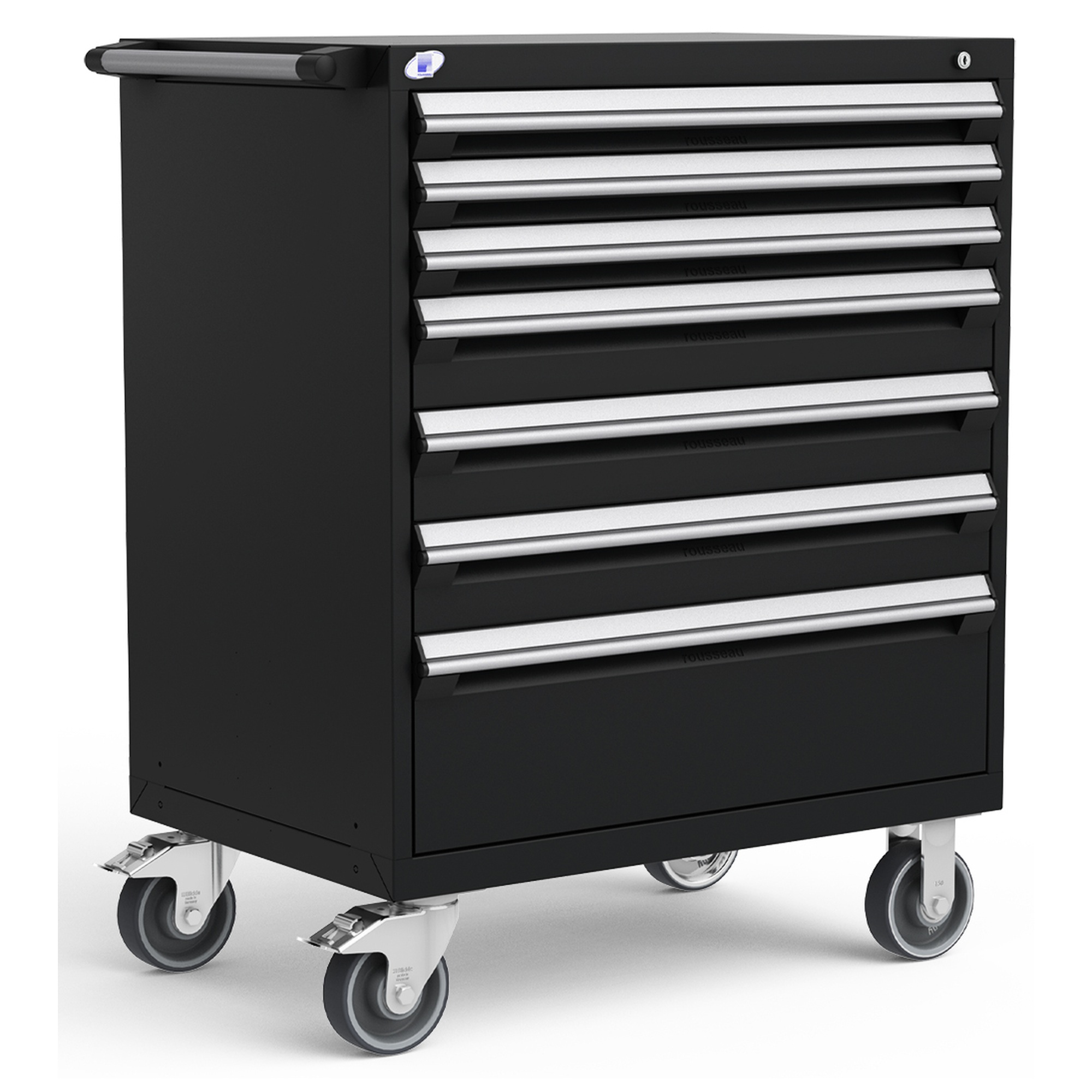 7-Drawer Heavy-Duty Mobile Cabinet, 36"W x 24"D x 45.5"H - With Dividers - Drawer heights: 3 3"H, 3 5"H, 1 10"H - Glossy Carbon Black