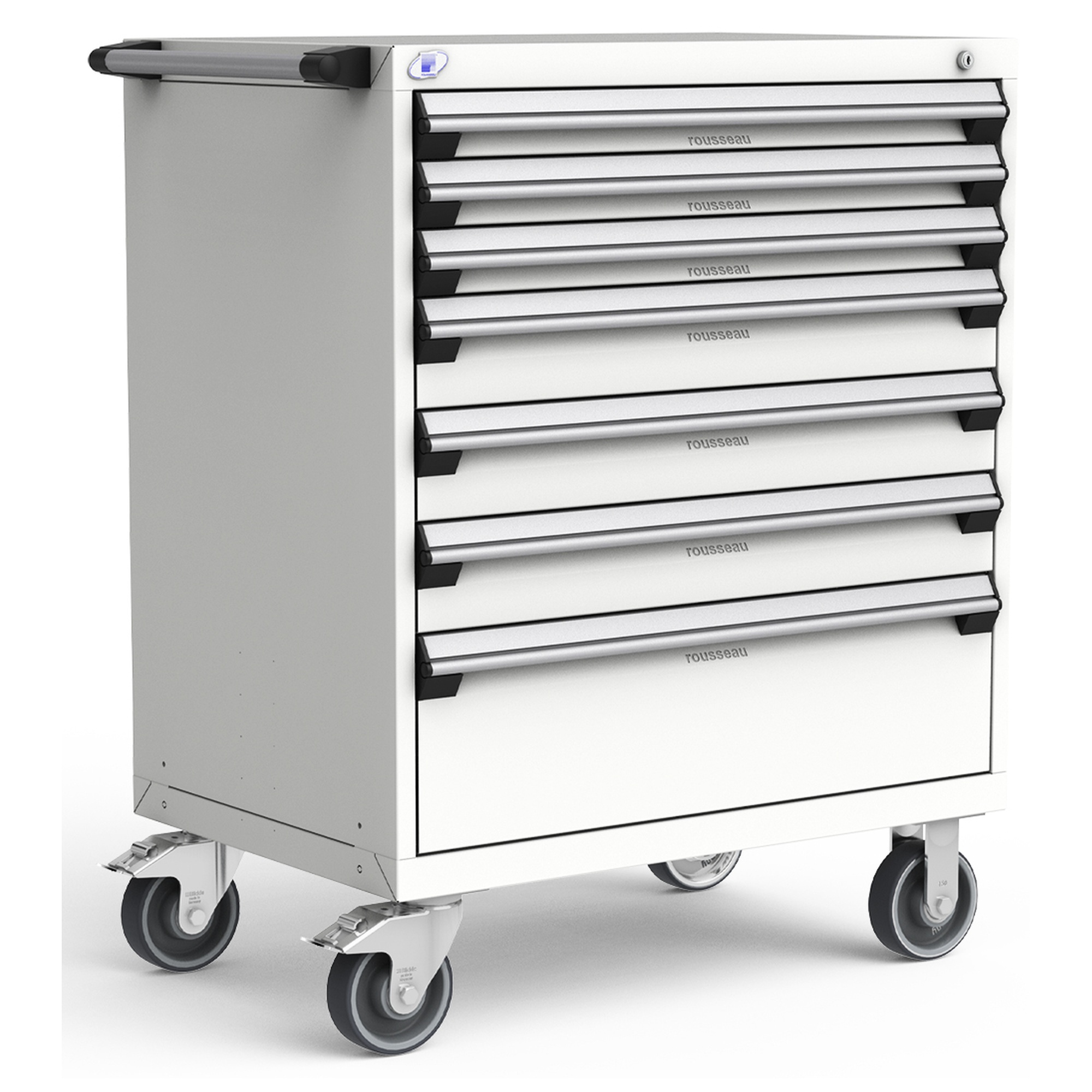7-Drawer Heavy-Duty Mobile Cabinet, 36"W x 24"D x 45.5"H - With Dividers - Drawer heights: 3 3"H, 3 5"H, 1 10"H - White
