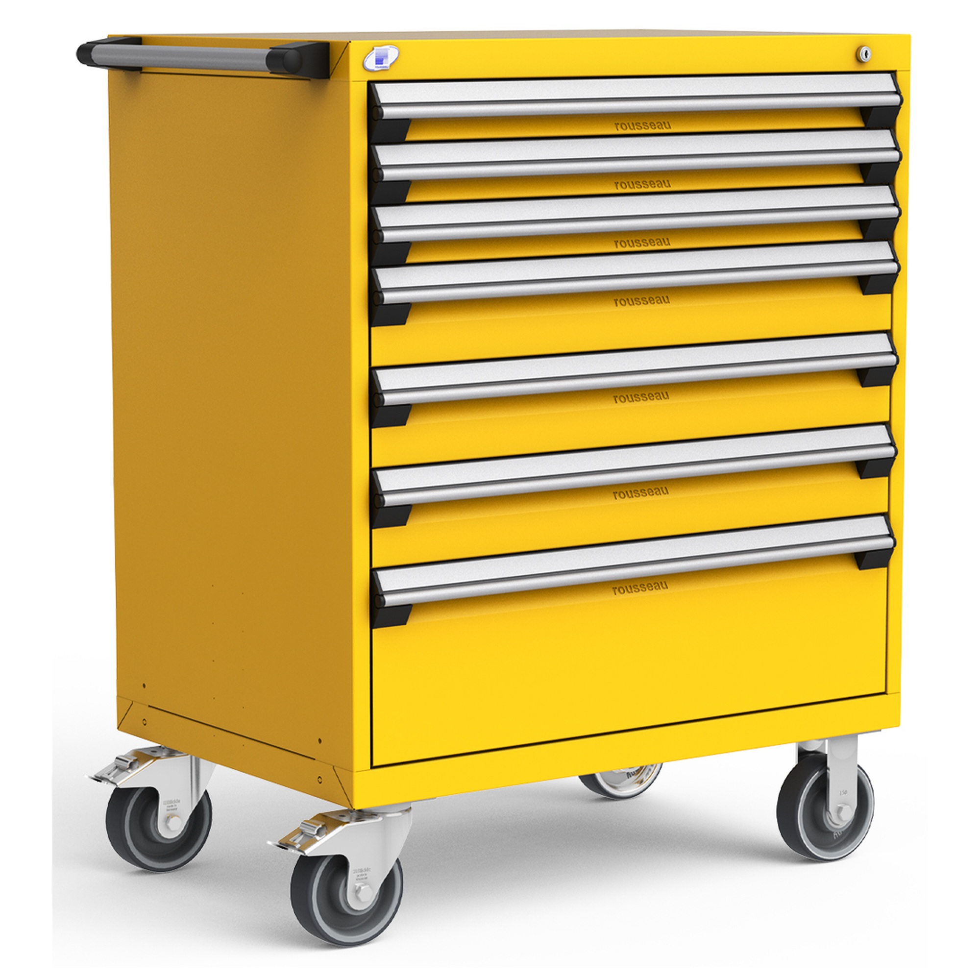 7-Drawer Heavy-Duty Mobile Cabinet, 36"W x 24"D x 45.5"H - With Dividers - Drawer heights: 3 3"H, 3 5"H, 1 10"H - Glossy Yellow