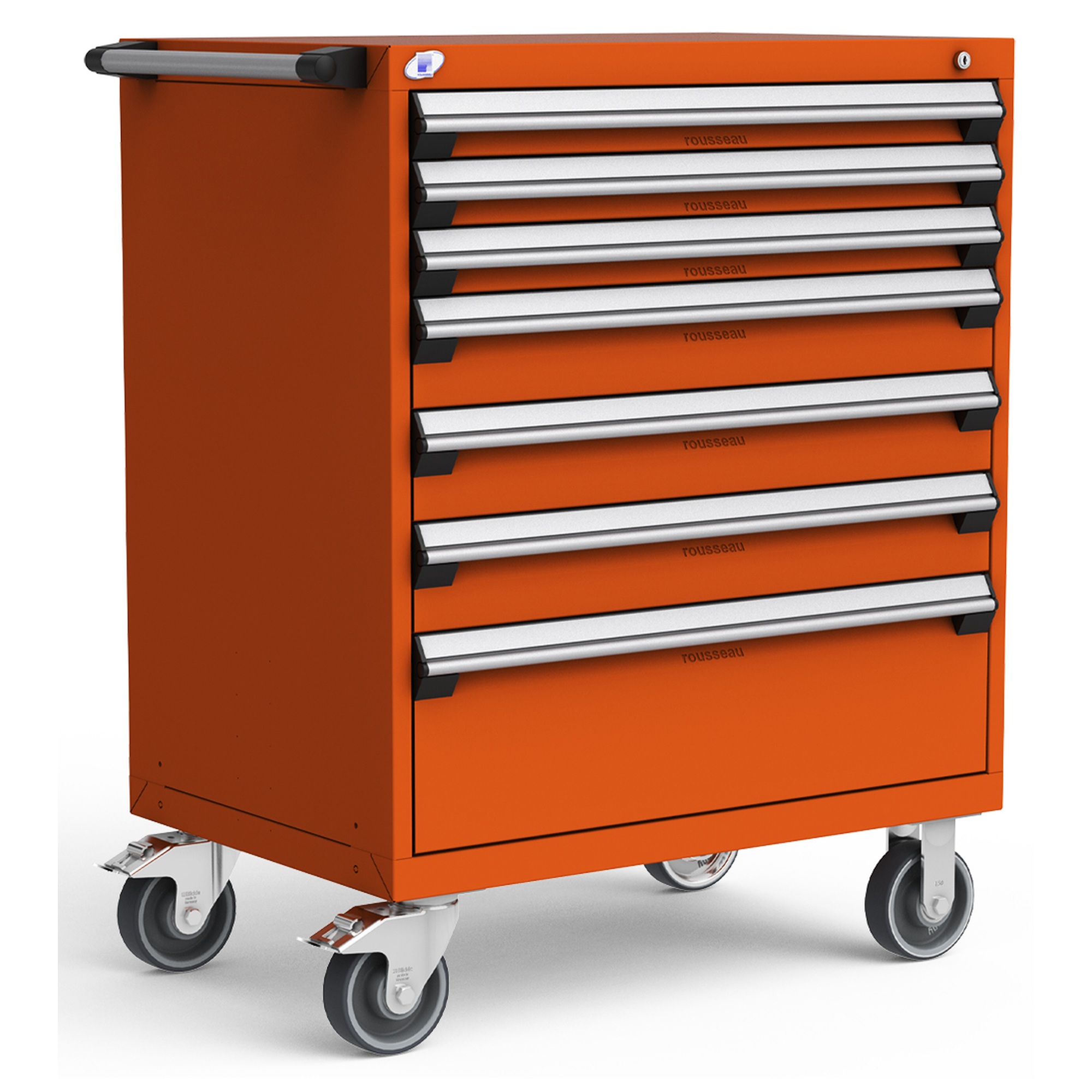 7-Drawer Heavy-Duty Mobile Cabinet, 36"W x 24"D x 45.5"H - With Dividers - Drawer heights: 3 3"H, 3 5"H, 1 10"H - Sienna Orange