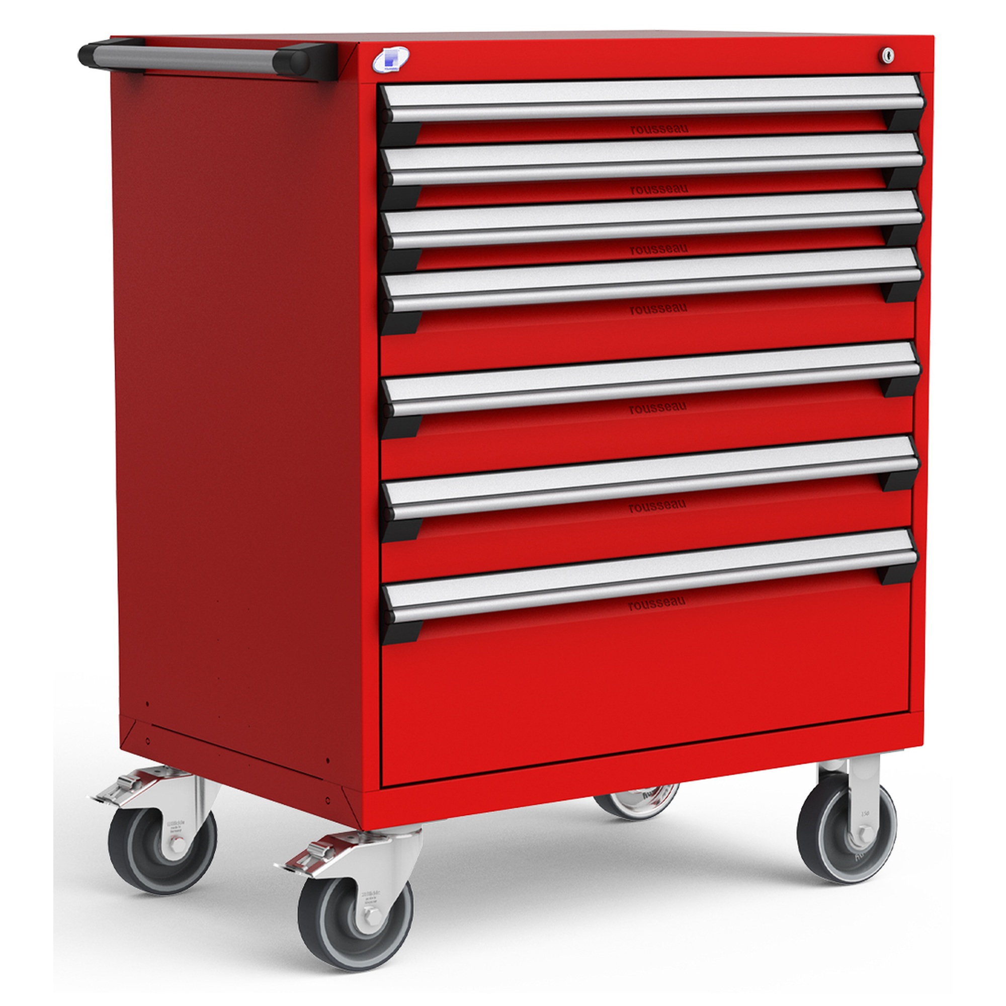 7-Drawer Heavy-Duty Mobile Cabinet, 36"W x 24"D x 45.5"H - With Dividers - Drawer heights: 3 3"H, 3 5"H, 1 10"H - Flame Red