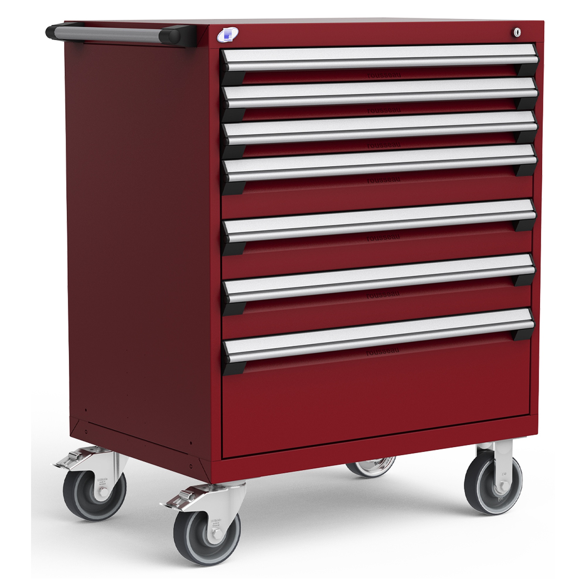 7-Drawer Heavy-Duty Mobile Cabinet, 36"W x 24"D x 45.5"H - With Dividers - Drawer heights: 3 3"H, 3 5"H, 1 10"H - Glossy Cranberry Red