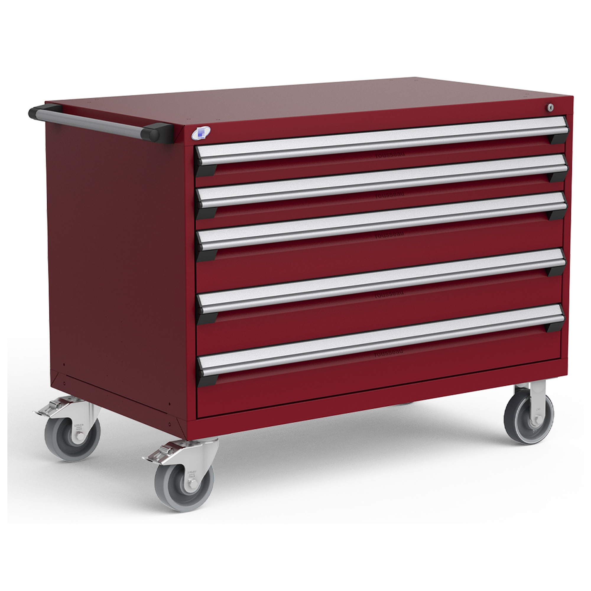 5-Drawer Heavy-Duty Mobile Cabinet, 48"W x 27"D x 37.5"H - With Dividers - Drawer heights: 2 4"H, 3 6"H - Glossy Cranberry Red