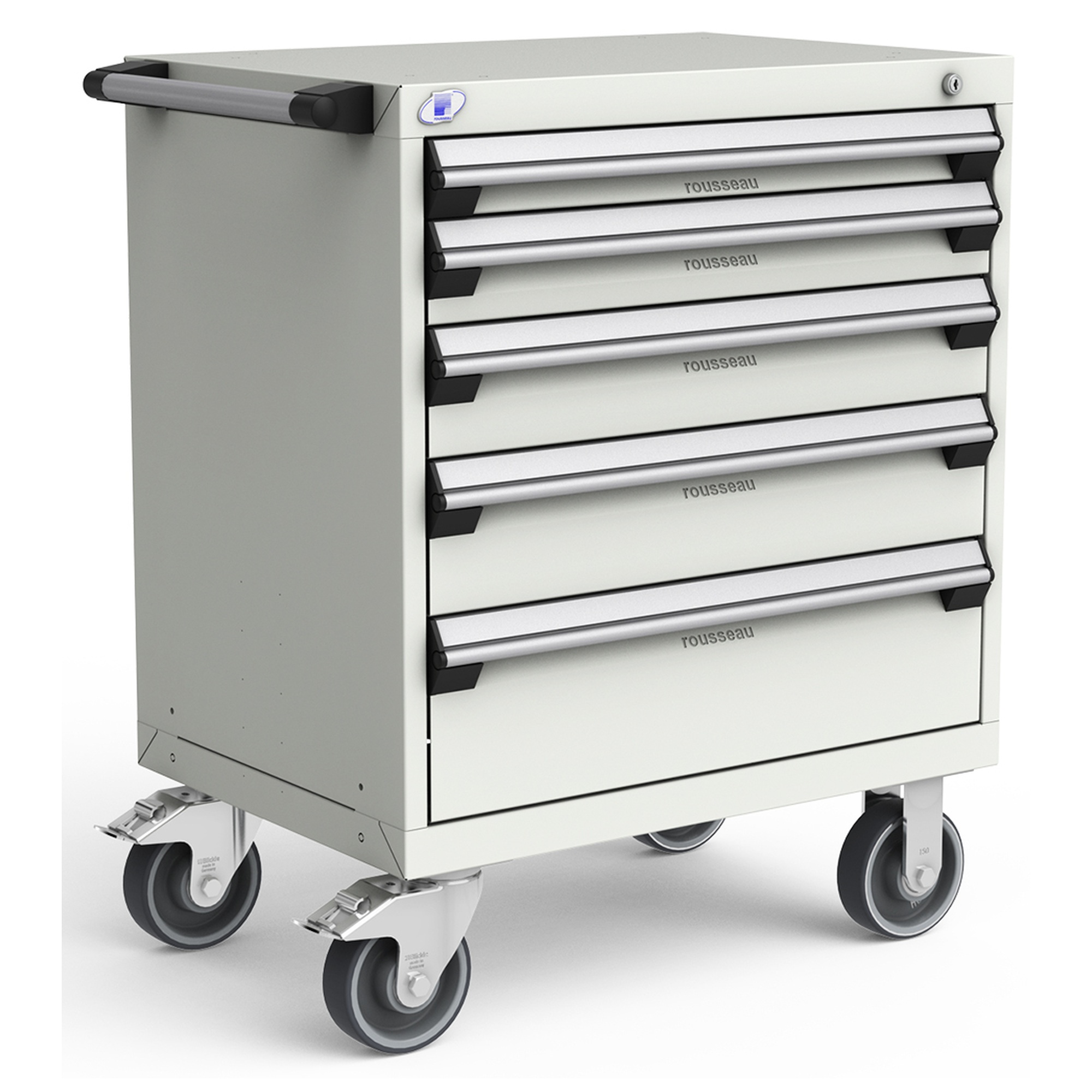 5-Drawer Heavy-Duty Mobile Cabinet, 30"W x 21"D x 37.5"H - With Dividers - Drawer heights: 1 3"H, 1 4"H, 1 5"H, 1 6"H, 1 8"H - Frost White