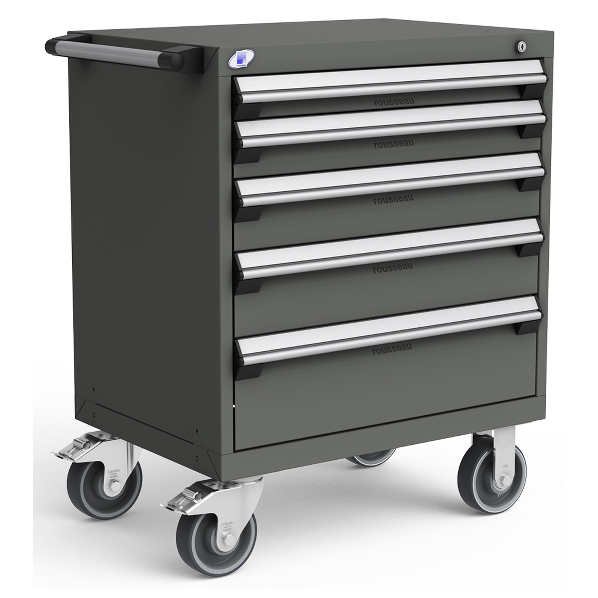 5-Drawer Heavy-Duty Mobile Cabinet, 30"W x 21"D x 37.5"H - With Dividers - Drawer heights: 1 3"H, 1 4"H, 1 5"H, 1 6"H, 1 8"H - Charcoal Gray