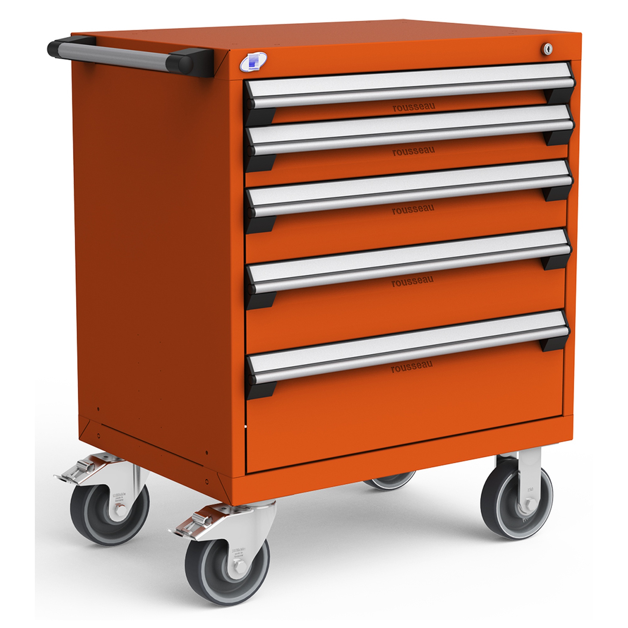 5-Drawer Heavy-Duty Mobile Cabinet, 30"W x 21"D x 37.5"H - With Dividers - Drawer heights: 1 3"H, 1 4"H, 1 5"H, 1 6"H, 1 8"H - Sienna Orange