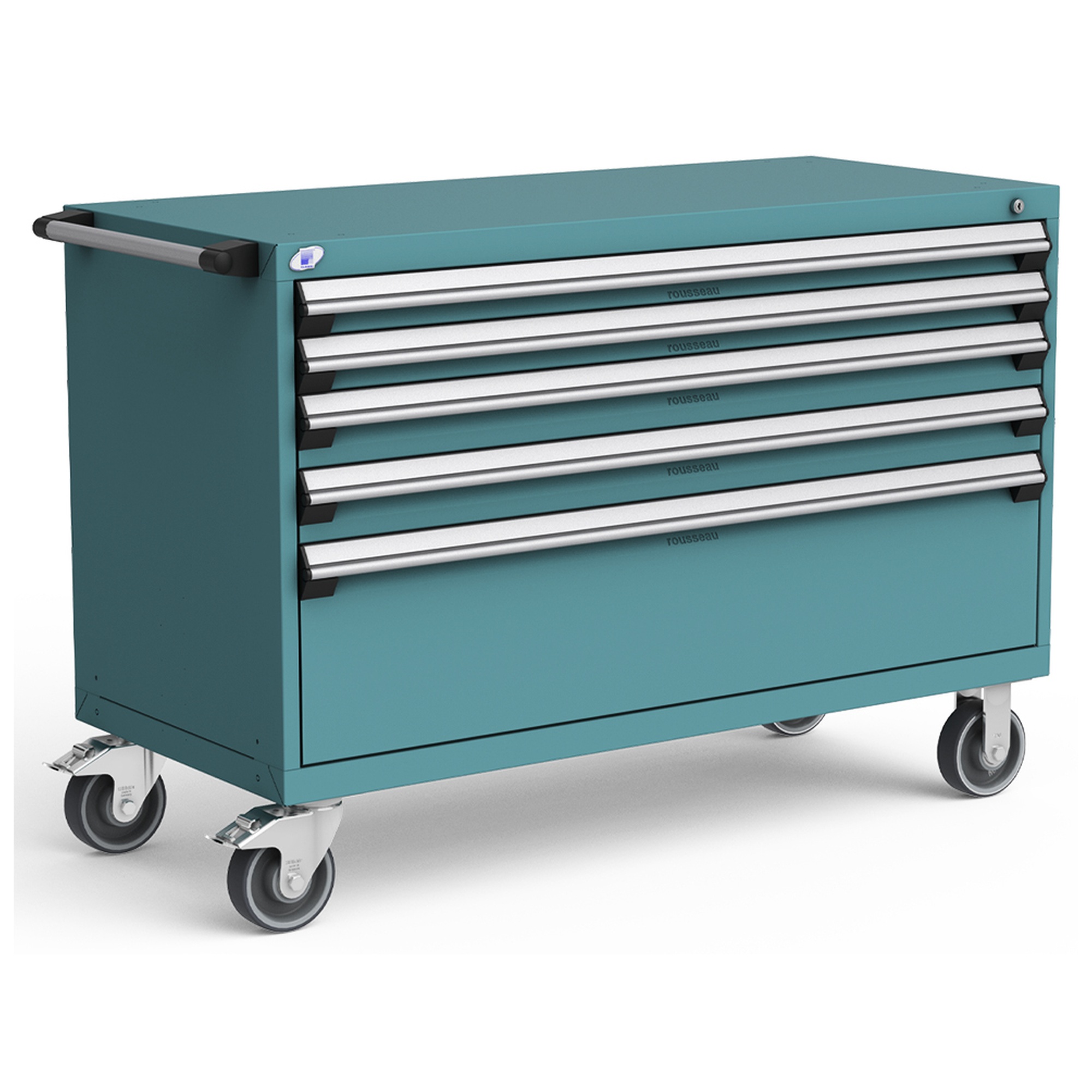5-Drawer Heavy-Duty Mobile Cabinet, 54"W x 24"D x 37.5"H - With Dividers - Drawer heights: 2 3"H, 2 4"H, 1 12"H - Everest Blue