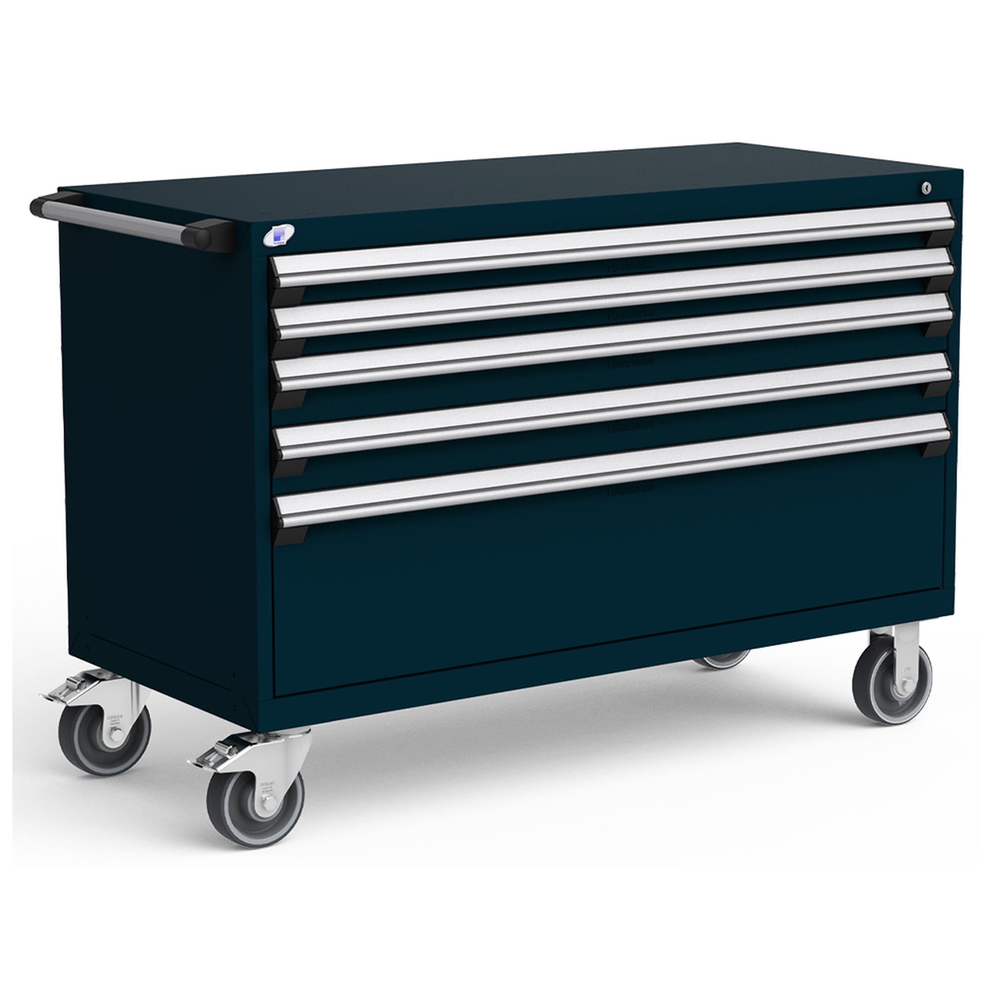 5-Drawer Heavy-Duty Mobile Cabinet, 54"W x 24"D x 37.5"H - With Dividers - Drawer heights: 2 3"H, 2 4"H, 1 12"H - Midnight Blue