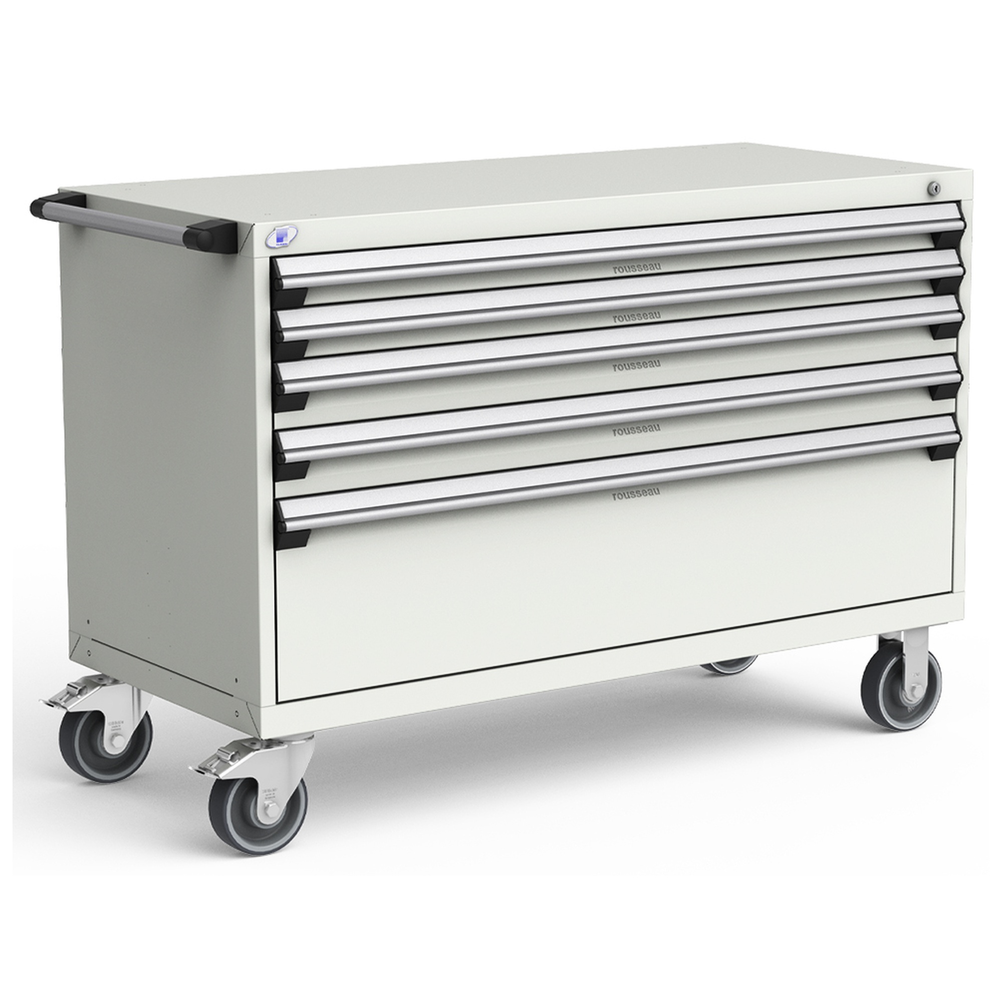 5-Drawer Heavy-Duty Mobile Cabinet, 54"W x 24"D x 37.5"H - With Dividers - Drawer heights: 2 3"H, 2 4"H, 1 12"H - Frost White