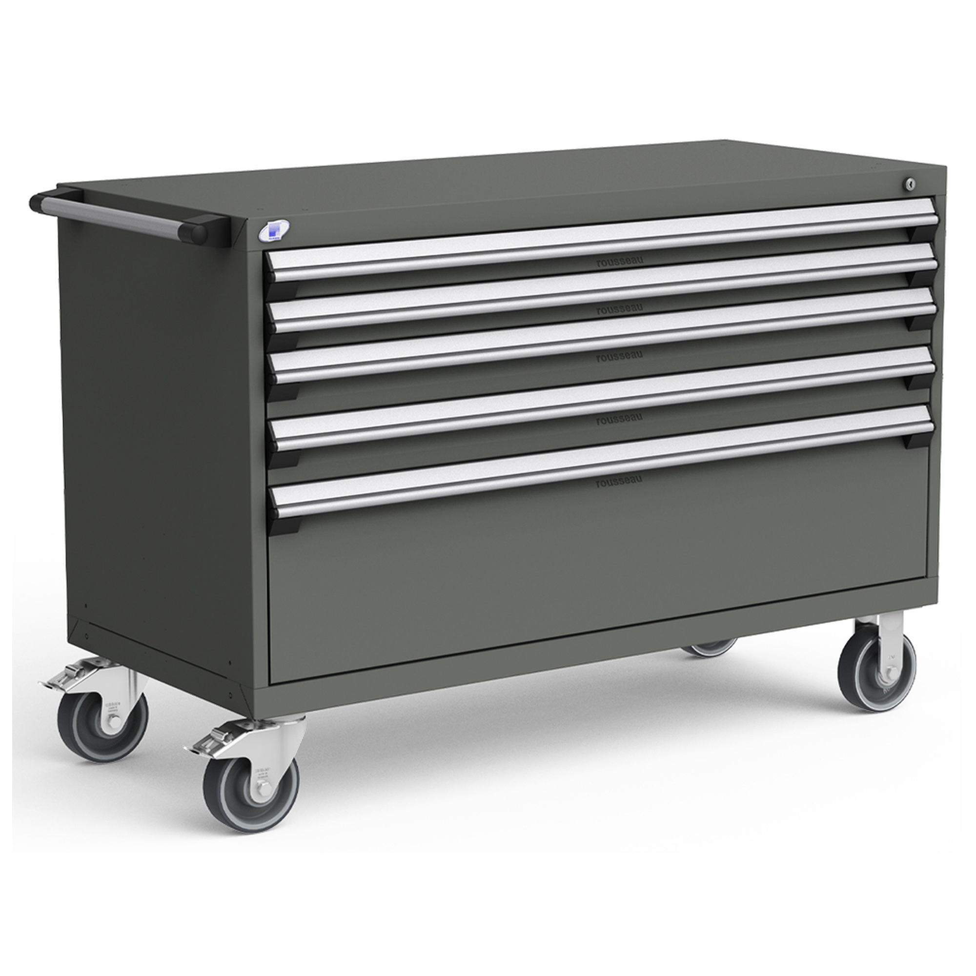 5-Drawer Heavy-Duty Mobile Cabinet, 54"W x 24"D x 37.5"H - With Dividers - Drawer heights: 2 3"H, 2 4"H, 1 12"H - Charcoal Gray
