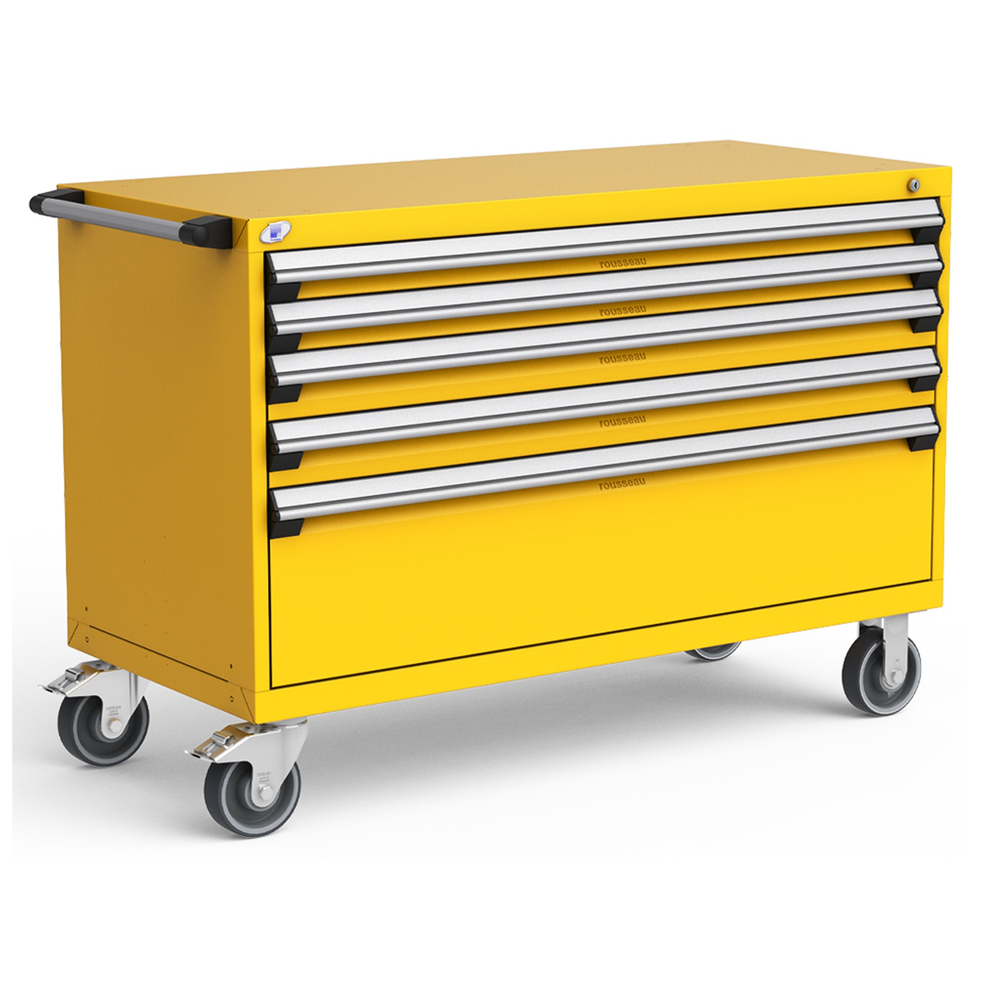 5-Drawer Heavy-Duty Mobile Cabinet, 54"W x 24"D x 37.5"H - With Dividers - Drawer heights: 2 3"H, 2 4"H, 1 12"H - Glossy Yellow