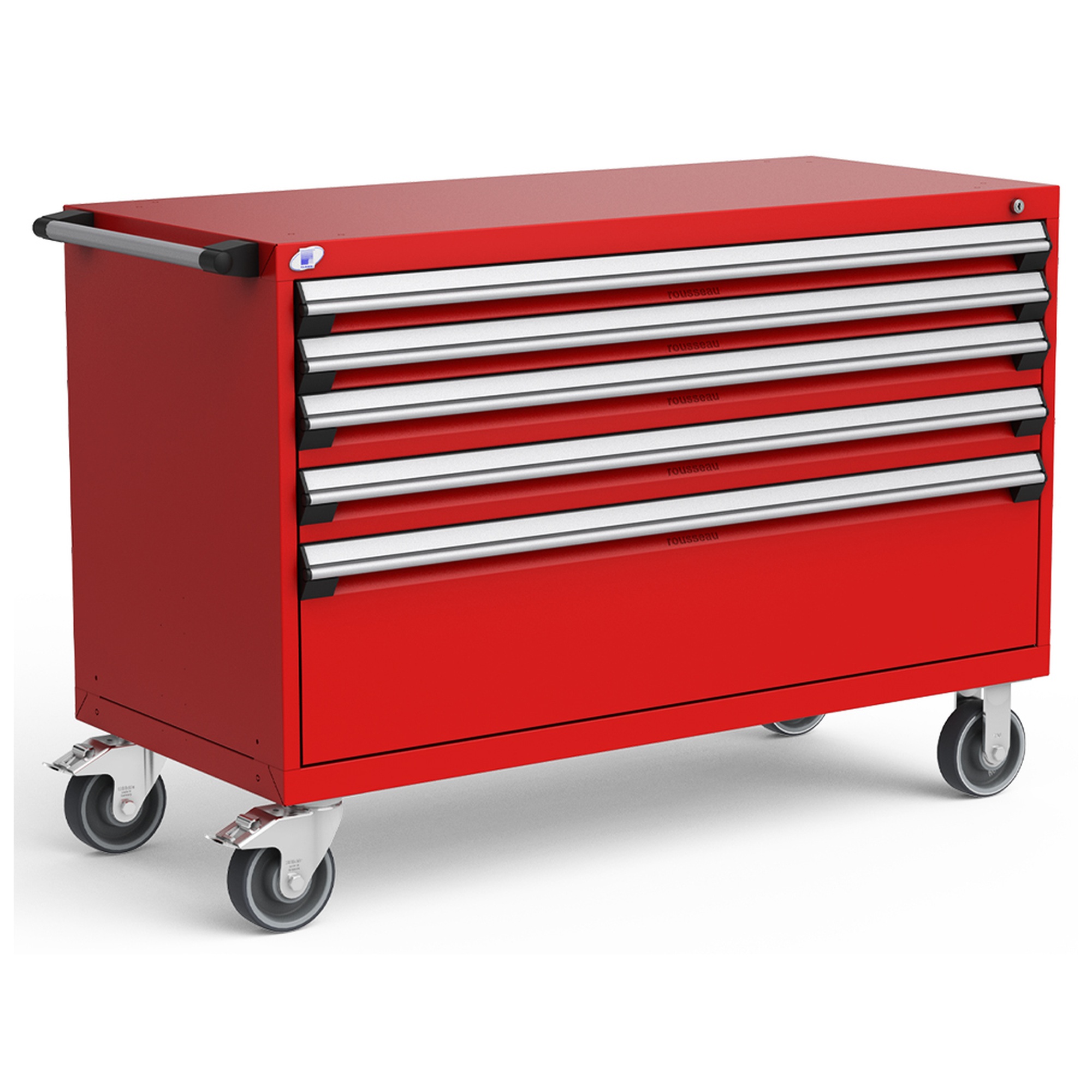 5-Drawer Heavy-Duty Mobile Cabinet, 54"W x 24"D x 37.5"H - With Dividers - Drawer heights: 2 3"H, 2 4"H, 1 12"H - Glossy Carmine Red