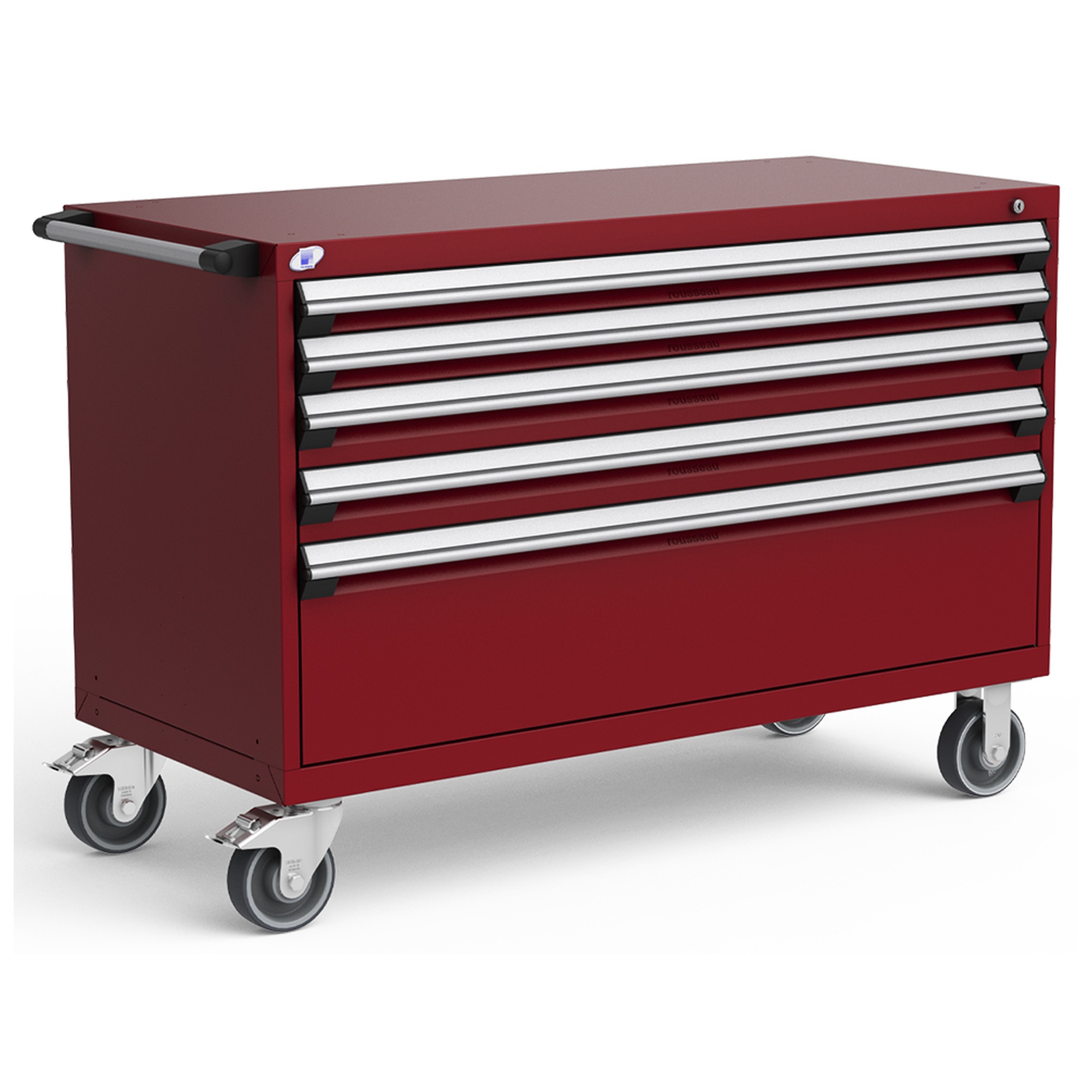 5-Drawer Heavy-Duty Mobile Cabinet, 54"W x 24"D x 37.5"H - With Dividers - Drawer heights: 2 3"H, 2 4"H, 1 12"H - Glossy Cranberry Red
