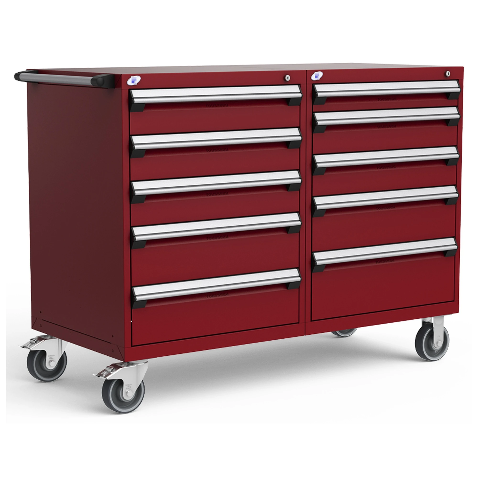 10-Drawer Mobile Cabinet, 60"W x 27"D x 45.5"H - With Dividers - Glossy Cranberry Red